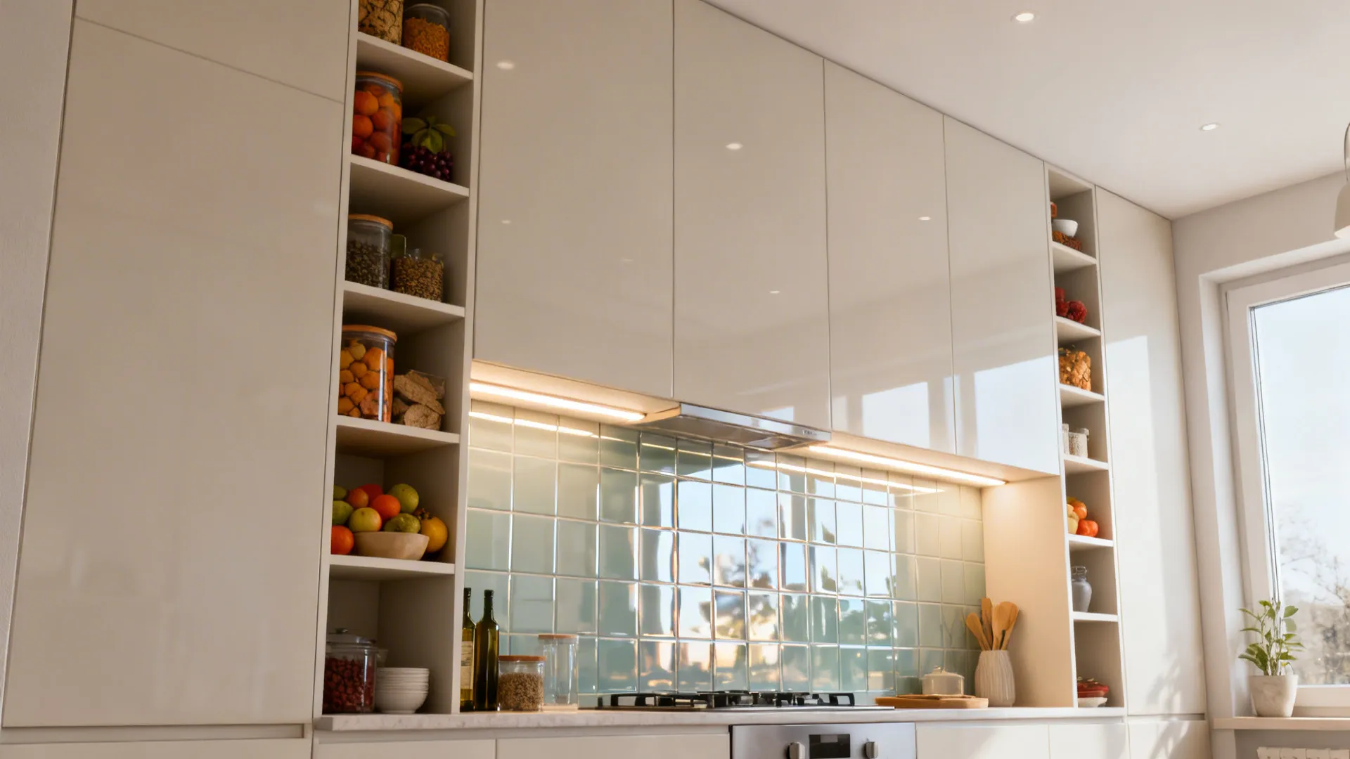 Glossy white kitchen cabinets with reflective tile backsplash and open shelves filled with glass jars