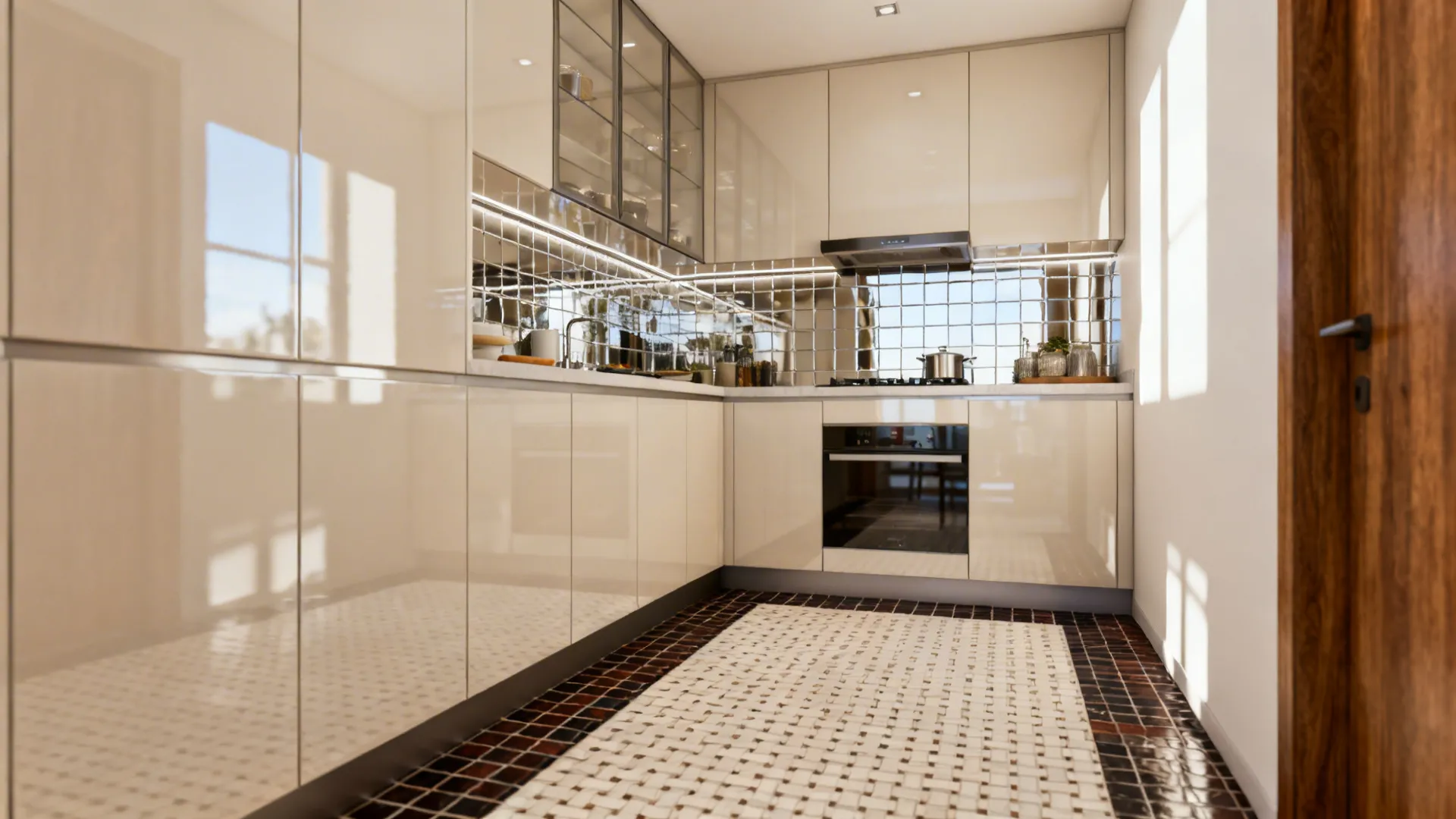 Light glossy cabinets with mirrored backsplash and a darker patterned band defining zones on the floor