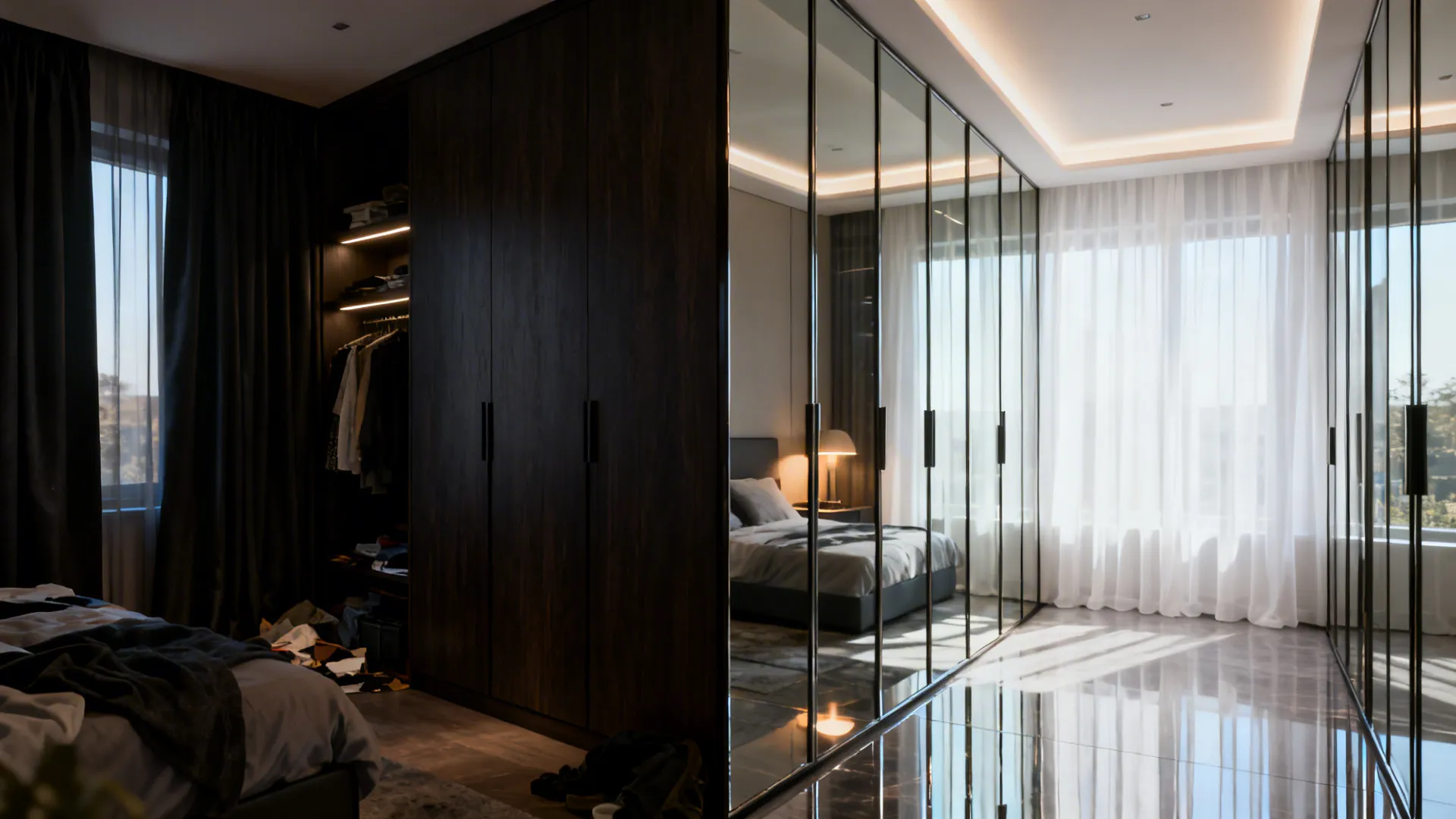 Before-and-after of a small bedroom showing the effect of sheer curtains and mirrored doors to increase perceived space.