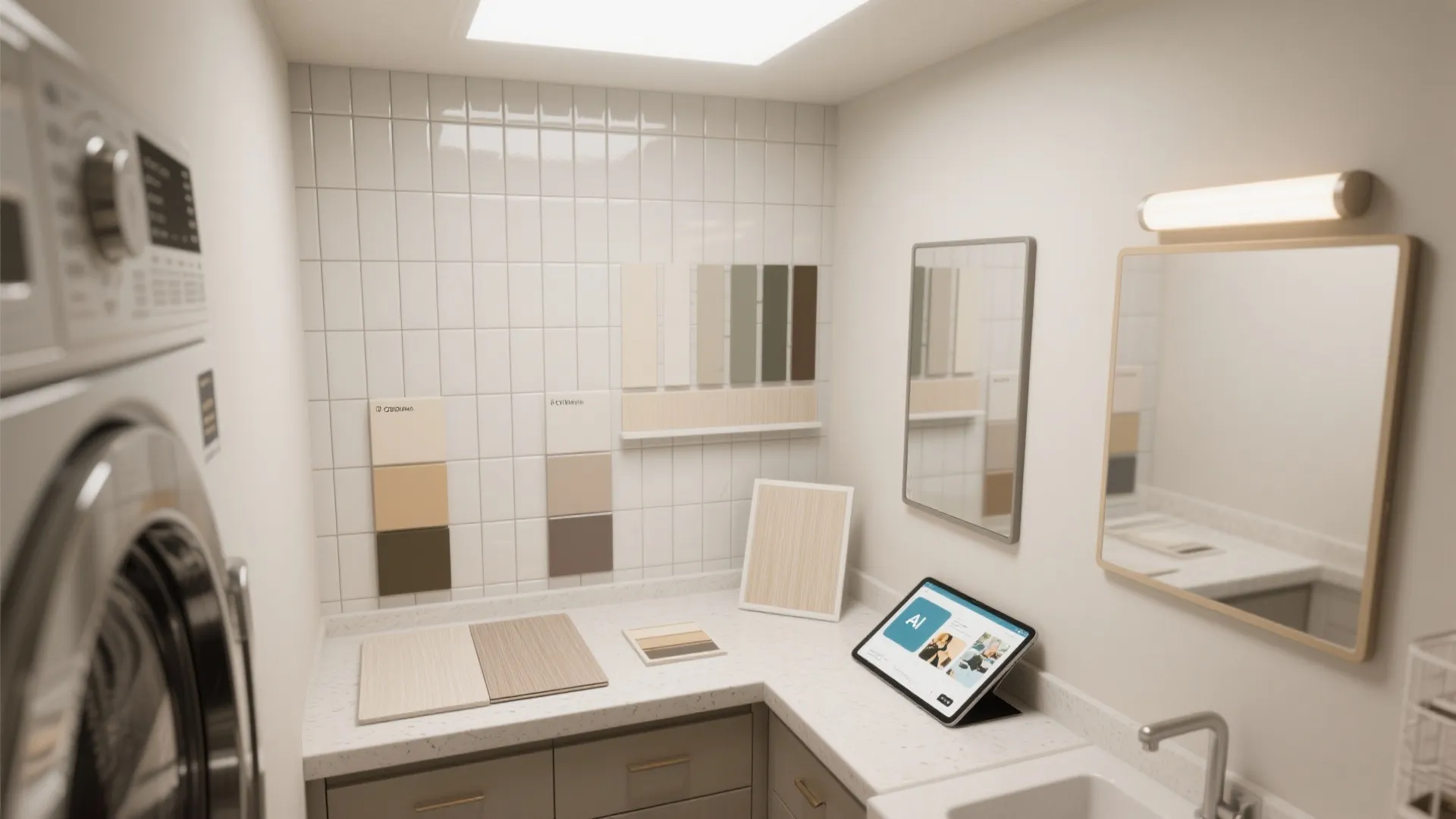 Interior design drawing showing wall tiles color samples mirror and tablet on a marble counter