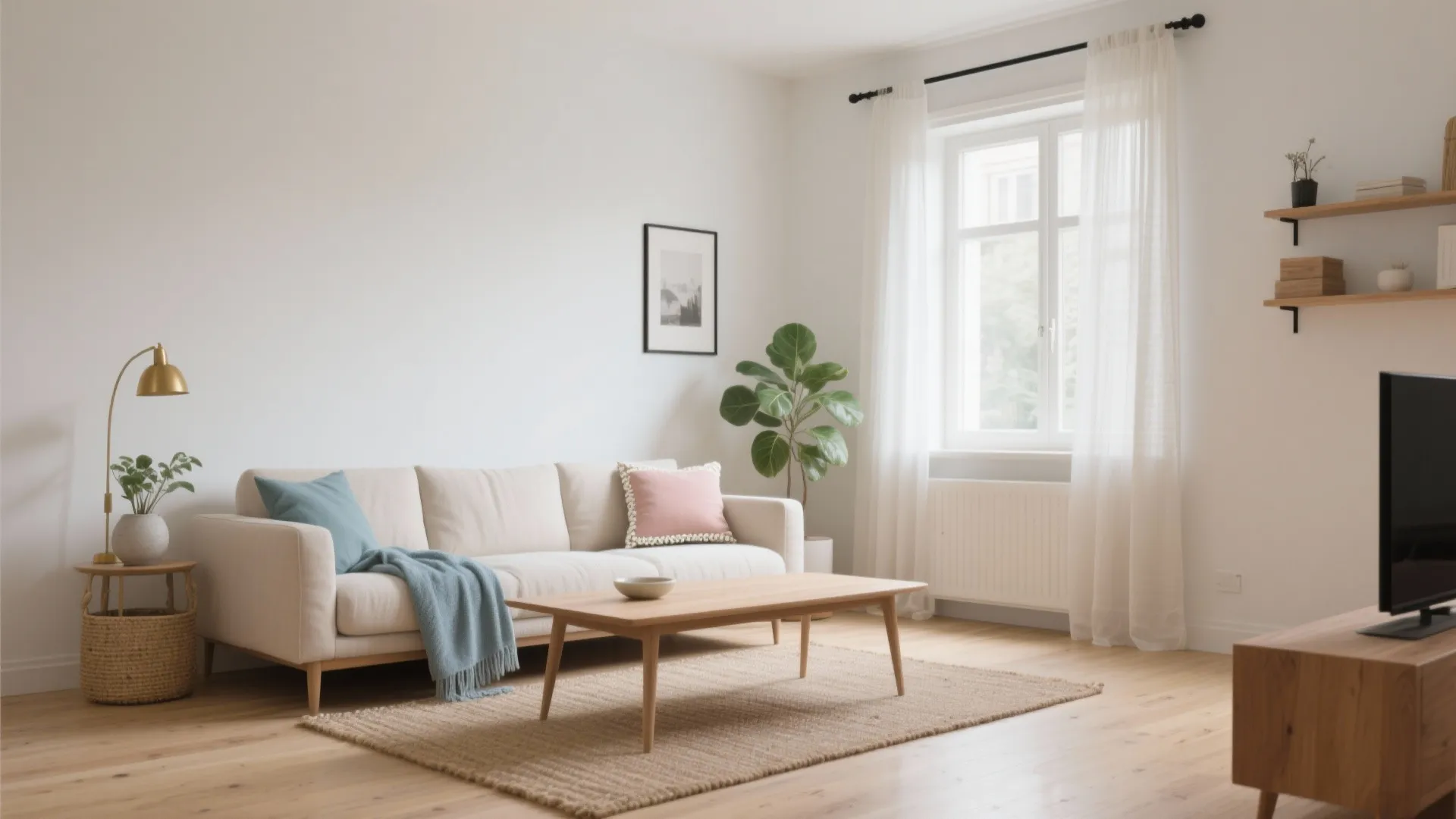 Bright living room with white sofa wooden coffee table large green plant and natural light