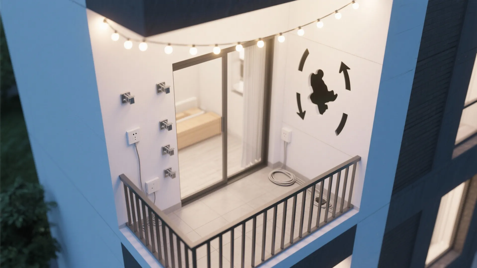 Top-down view of a balcony with neatly routed string lights and silhouette placement.