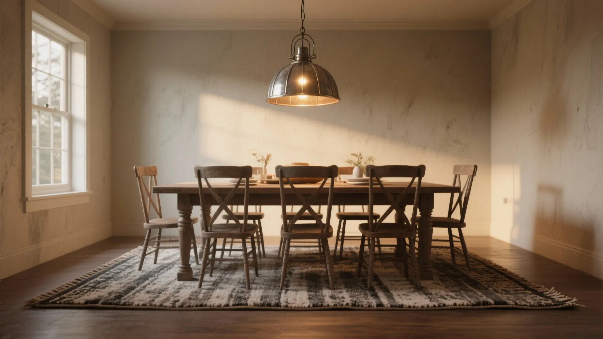 Close view of a statement pendant light and a rug extending beyond the dining chairs, illustrating proper scale and proportion.