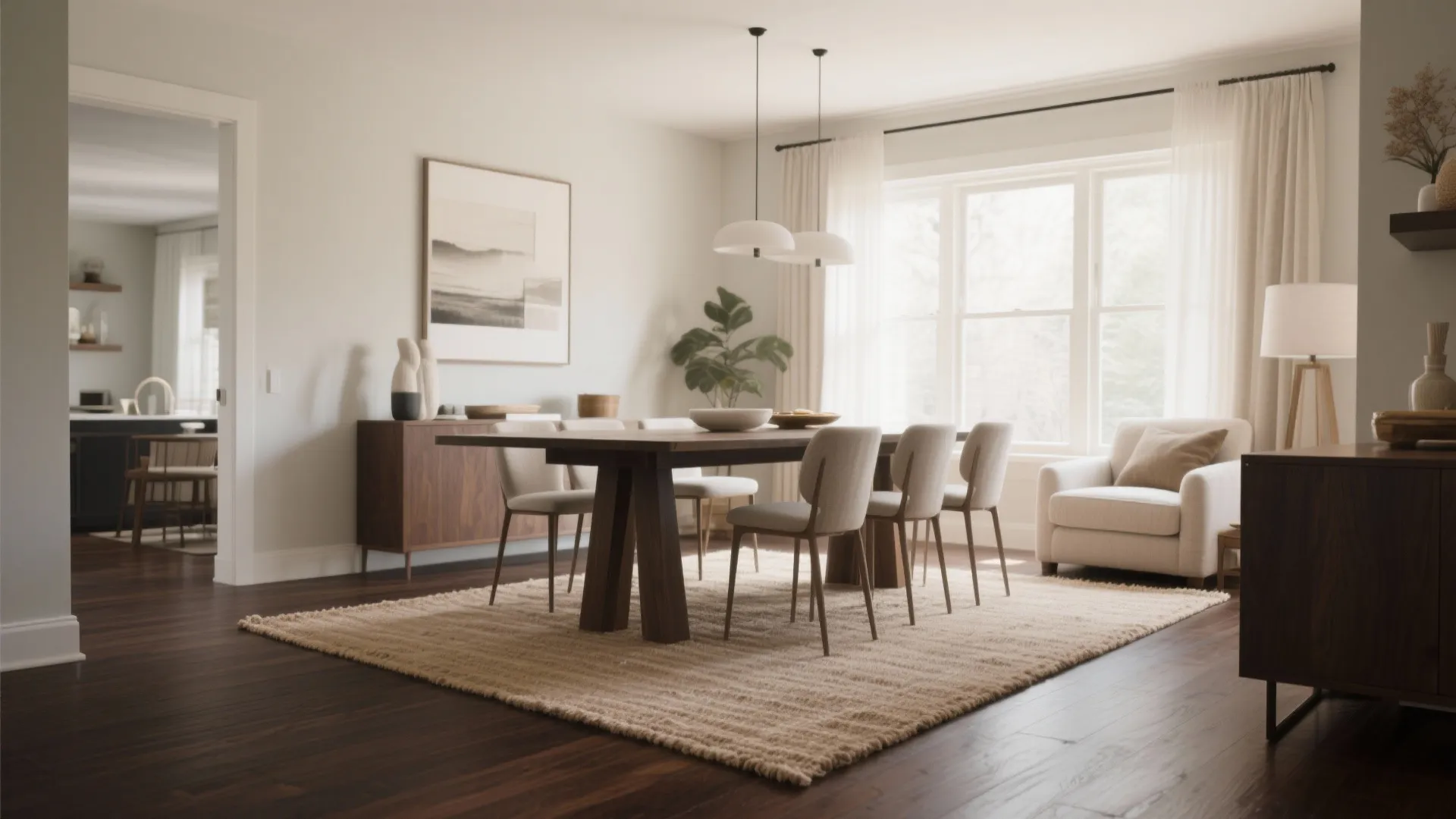 Bright dining area with wood table beige rug dark wood floors and large sunny windows