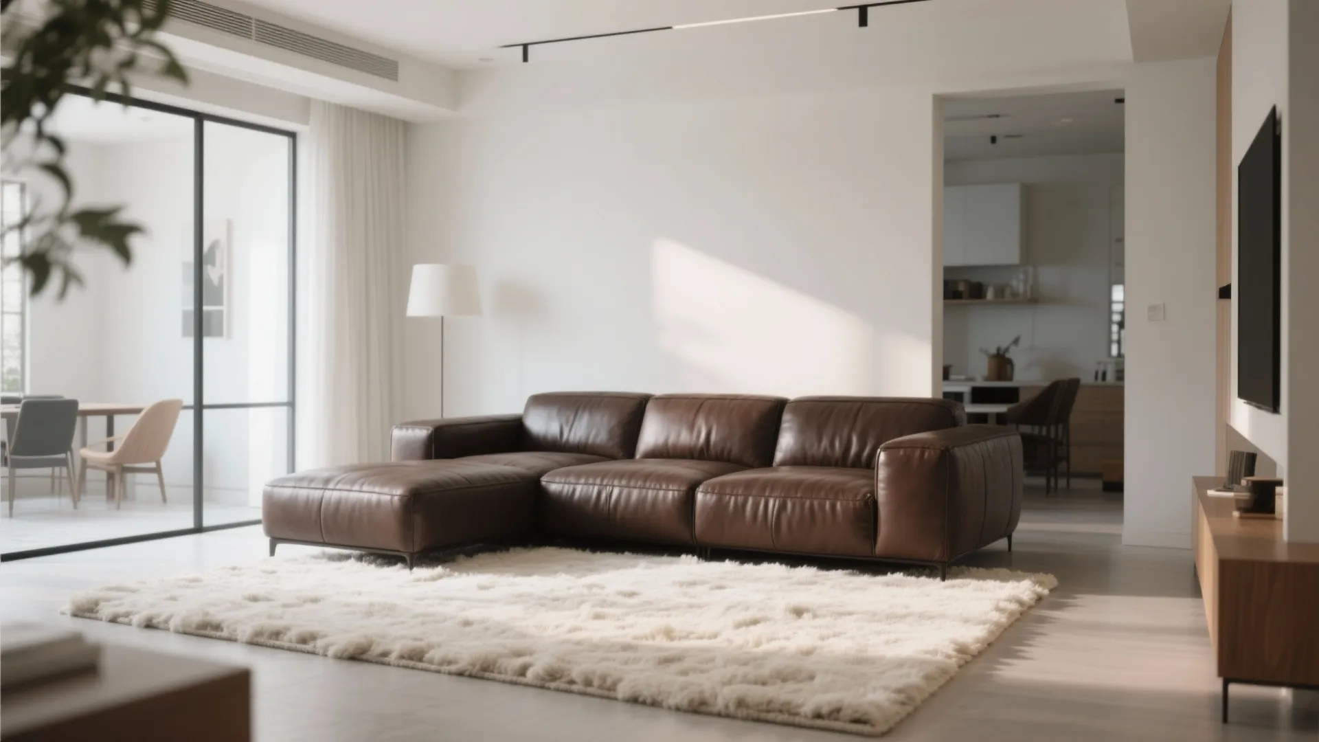 Dark brown sofa on a light cream wool rug in a bright living room