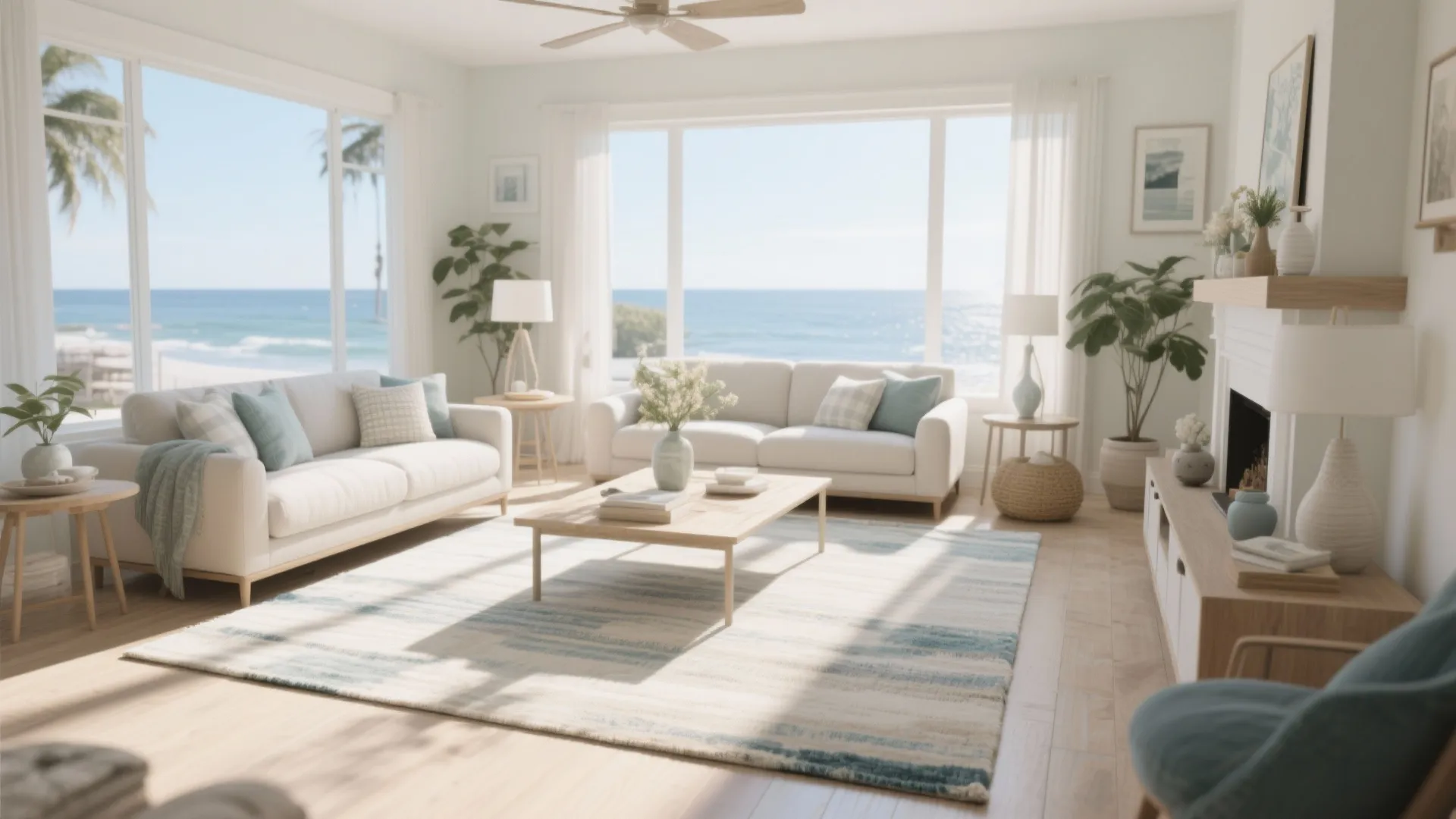 Bright beach house living room with white sofas light rug coffee table and ocean view windows