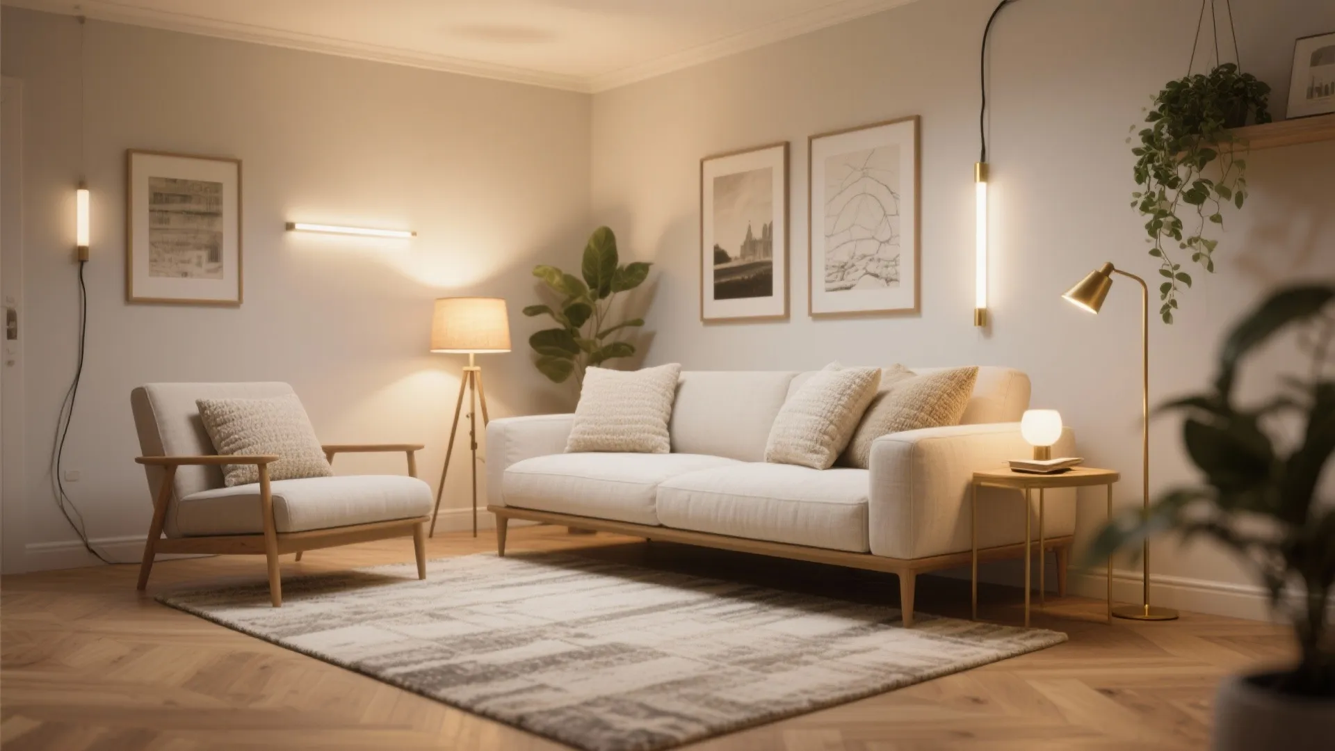 Layered lighting and rug zoning around the corner