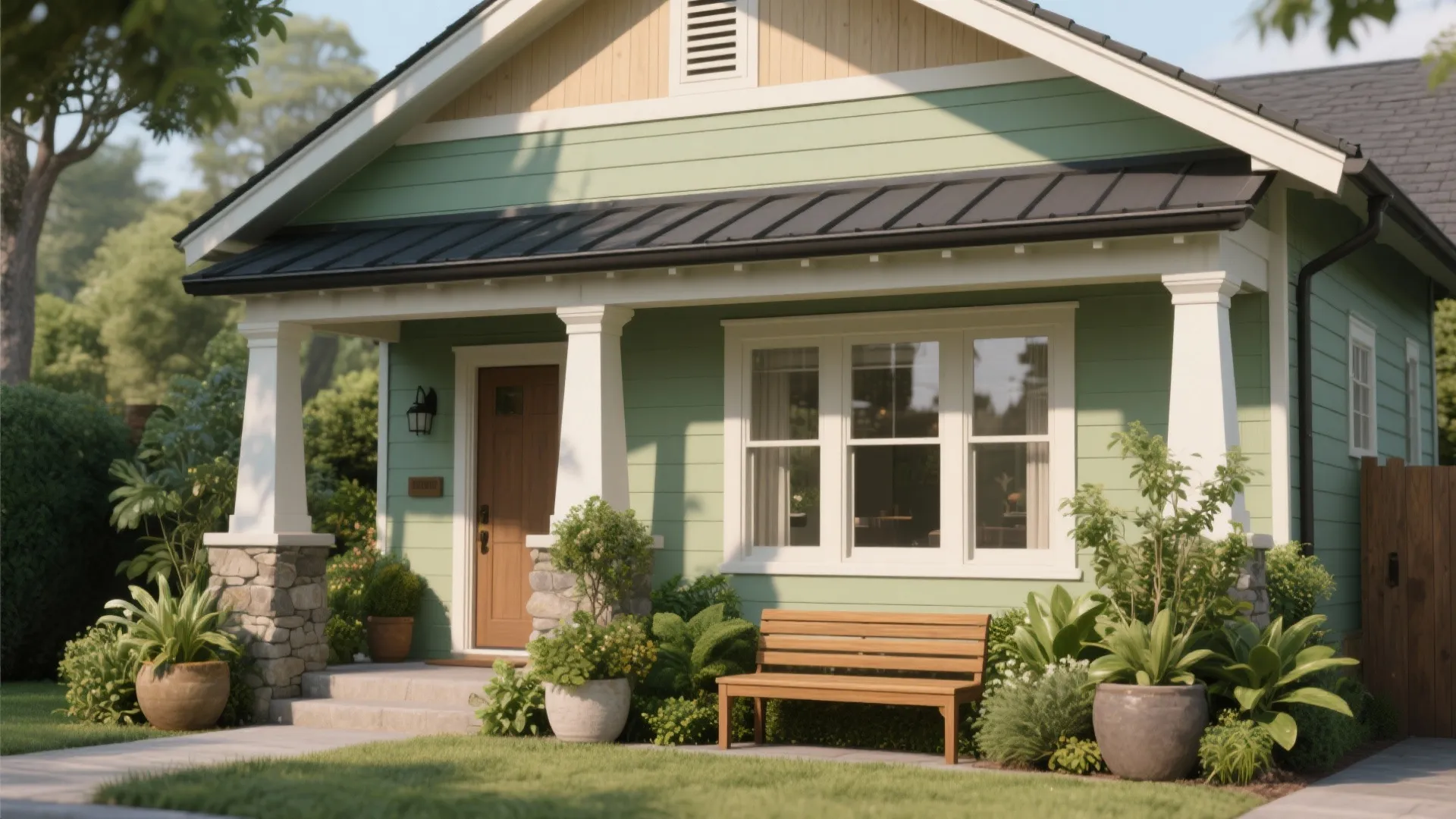 Light green house exterior with wooden bench white columns large windows and many potted plants
