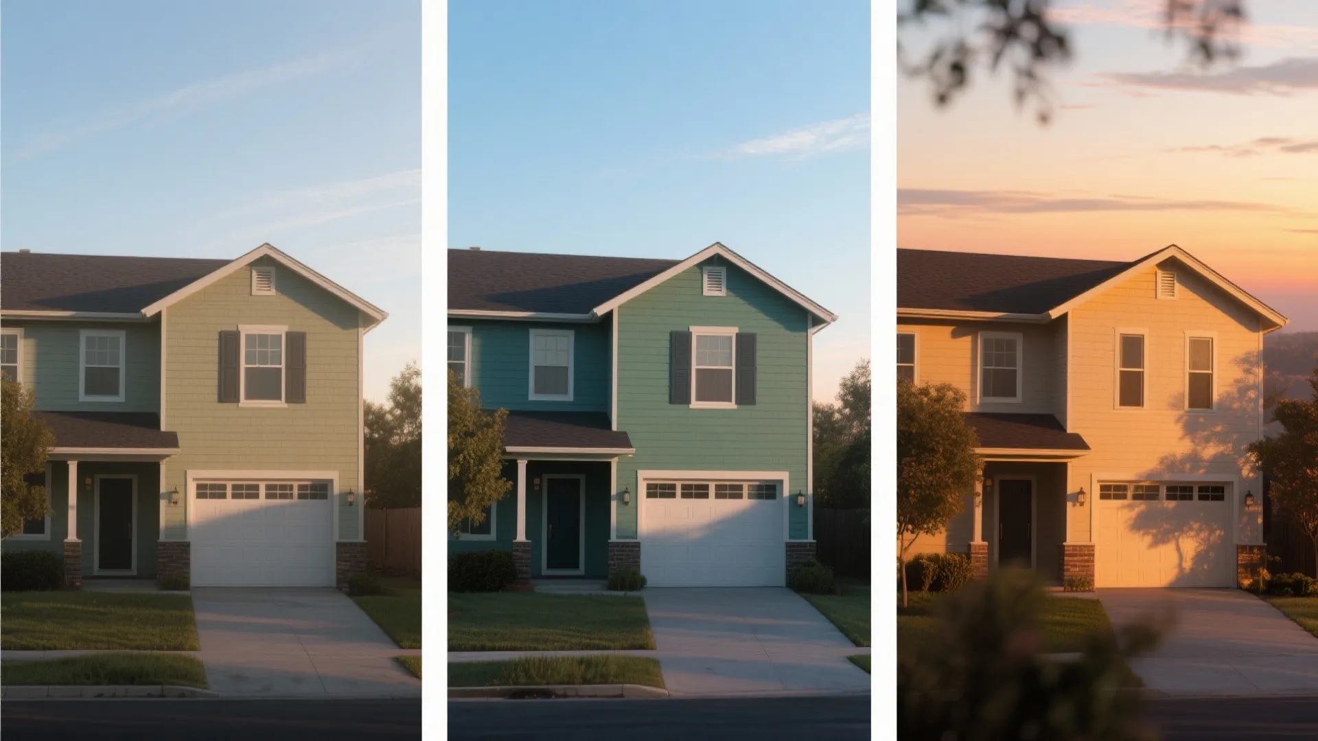 Three images of a house showing different lighting effects at morning noon and warm sunset times