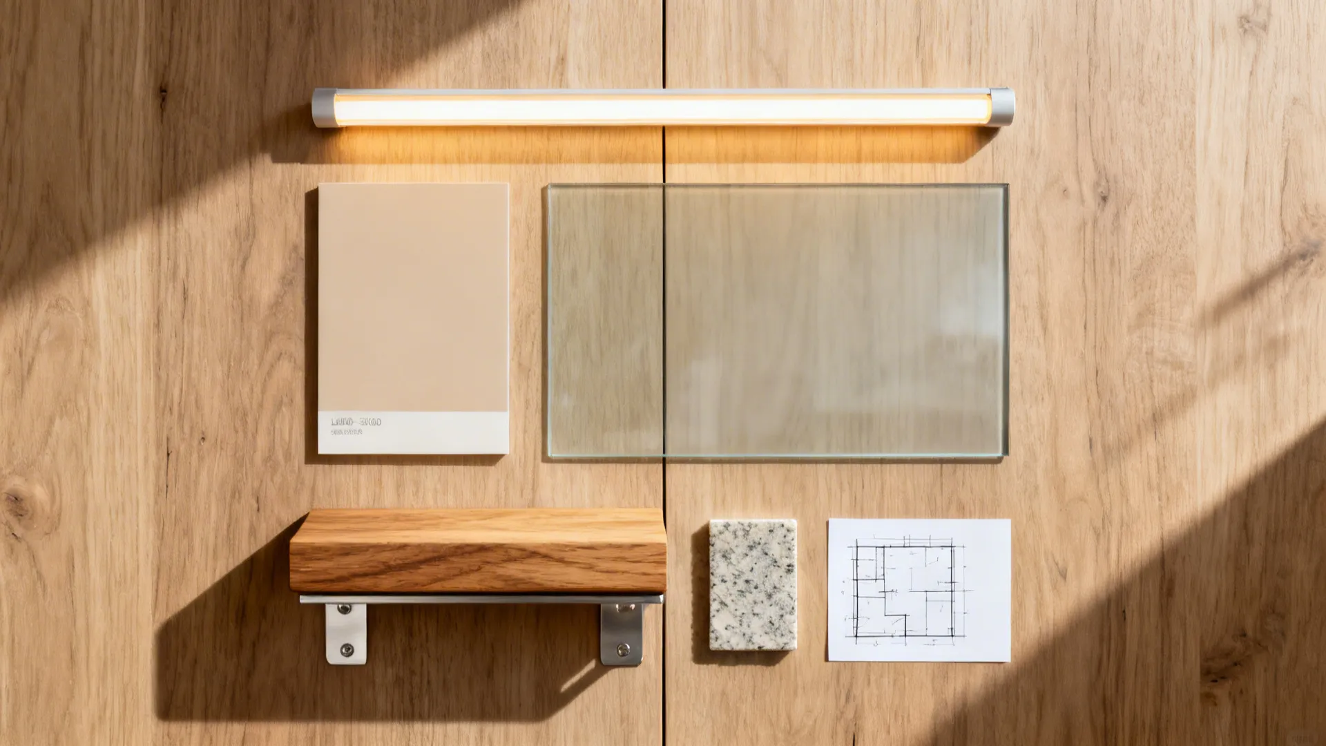 Flat lay of LED lighting diffuser, matte cabinet and glass samples, oak veneer, and quartz chip.