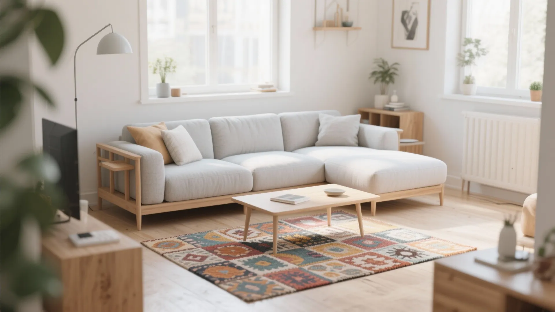 Light grey sectional brightens small living room