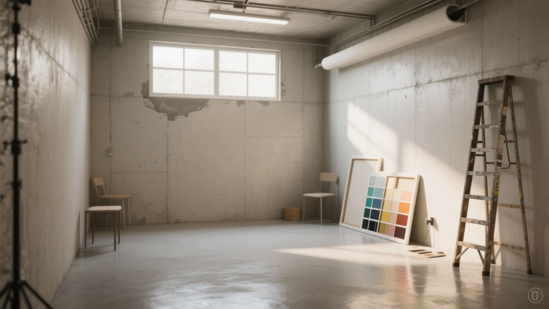 Empty studio room with concrete walls, wooden ladder, color swatches, small chairs, and bright window