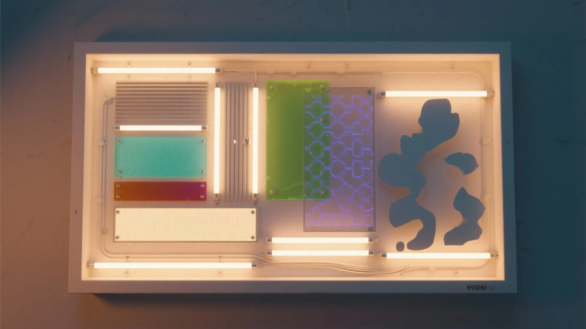 Modern wall light fixture with colorful glass panels and neon tubes inside a white frame