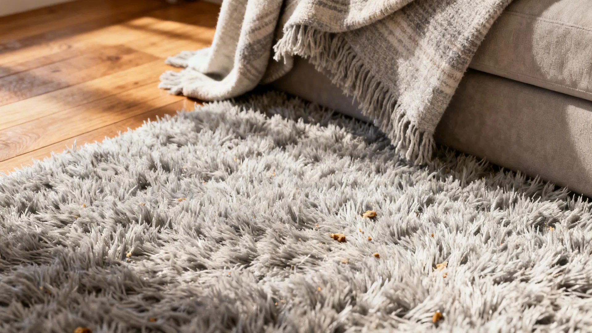 Close-up of a plush light-grey shag rug beside warm wood floors and a layered throw