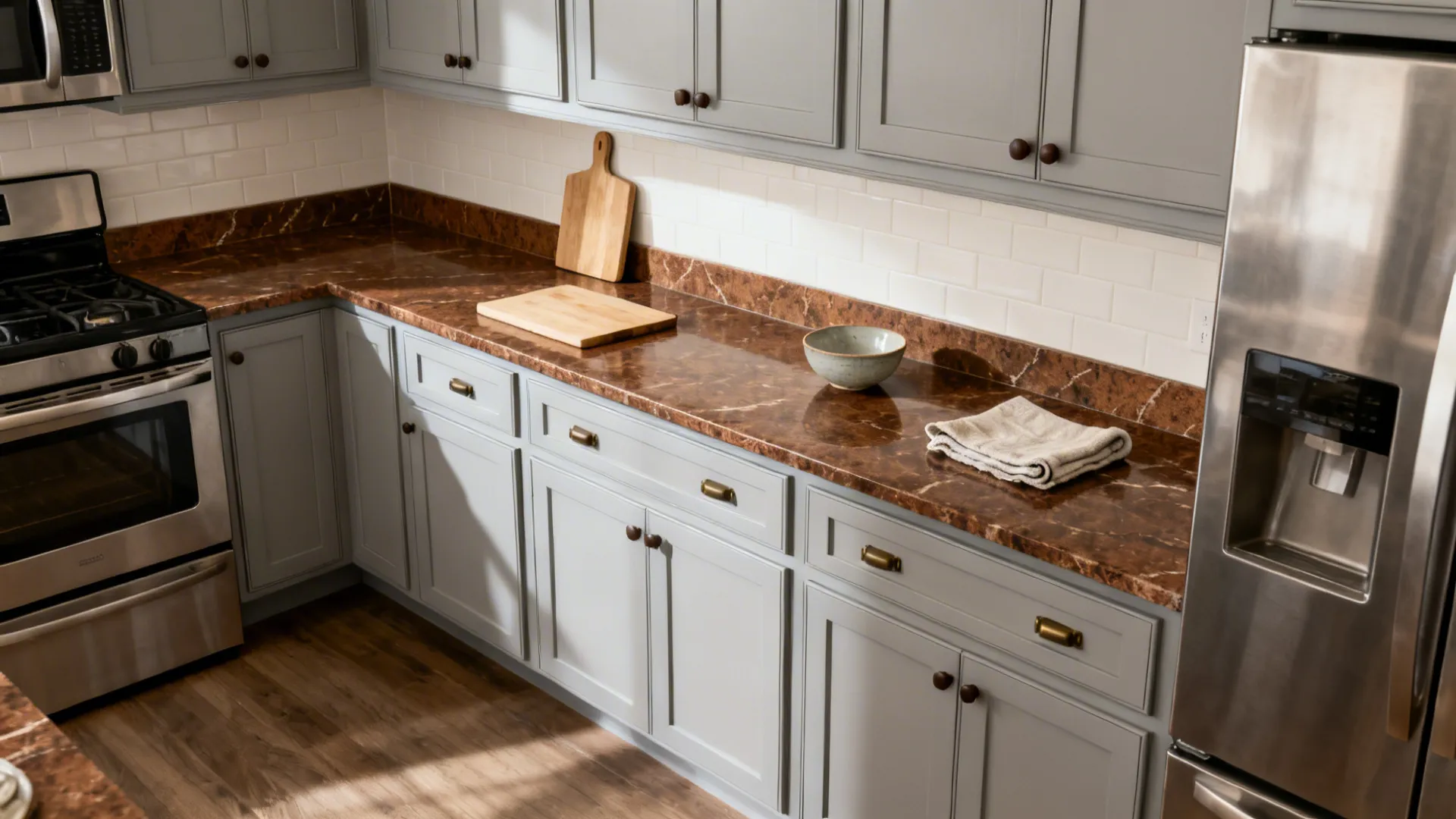 Light-grey shaker cabinets with coffee-brown quartz counters and stainless appliances.