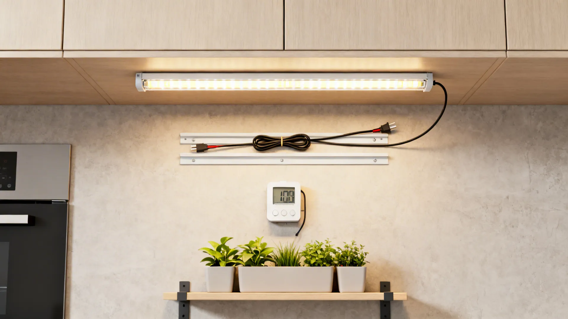 Indoor plant setup with light fixture under cabinet digital timer and small green potted plants
