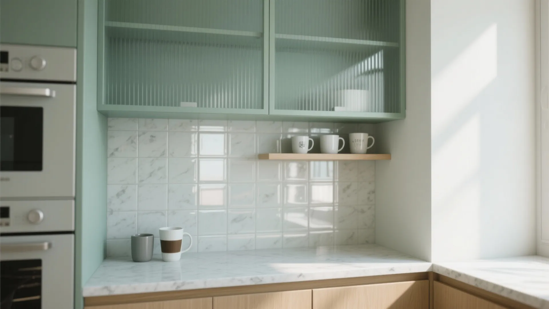 2. Steal Light with Glass, Open Shelving, and Reflective Finishes