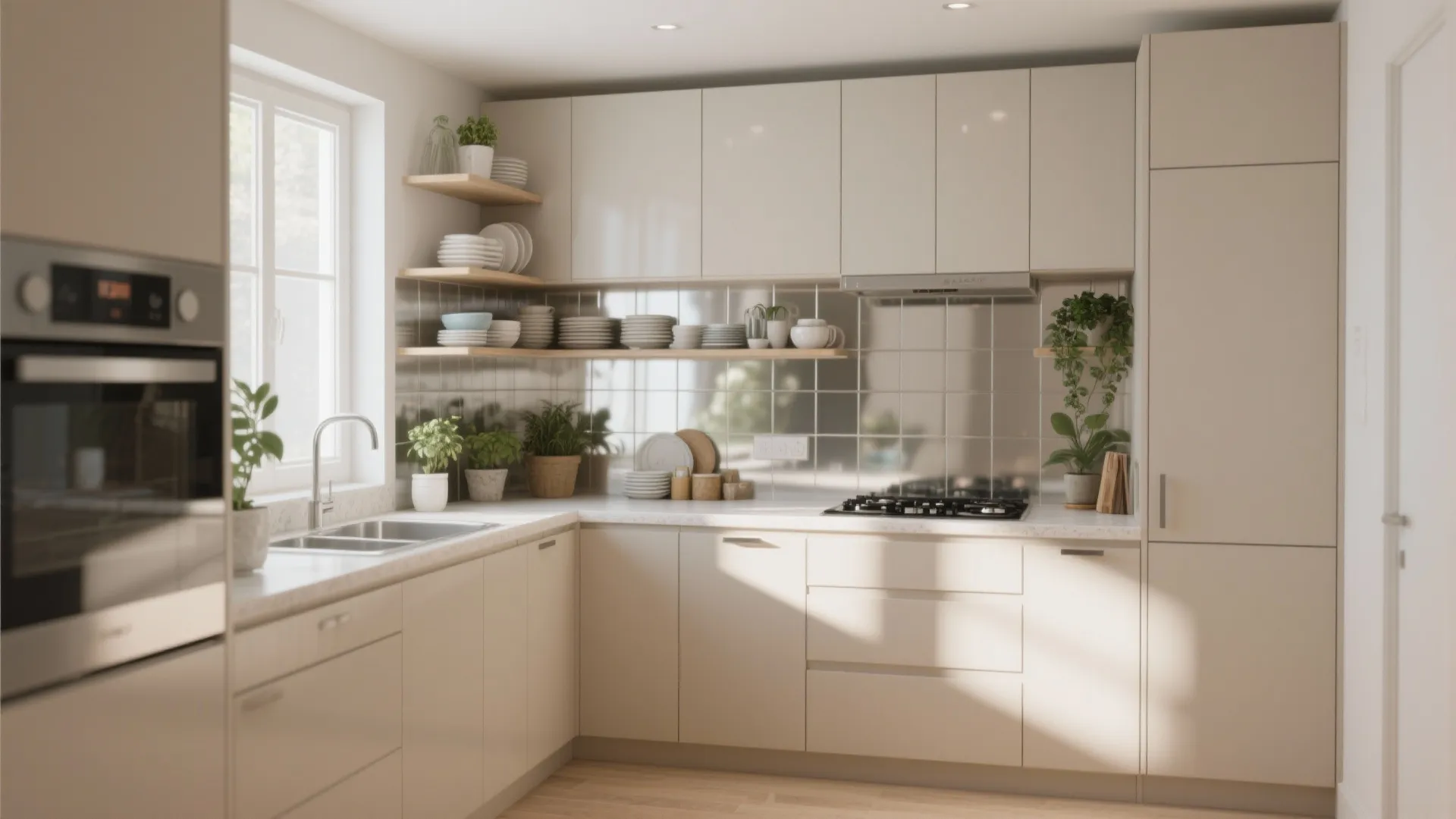 Light finishes and selective open shelving