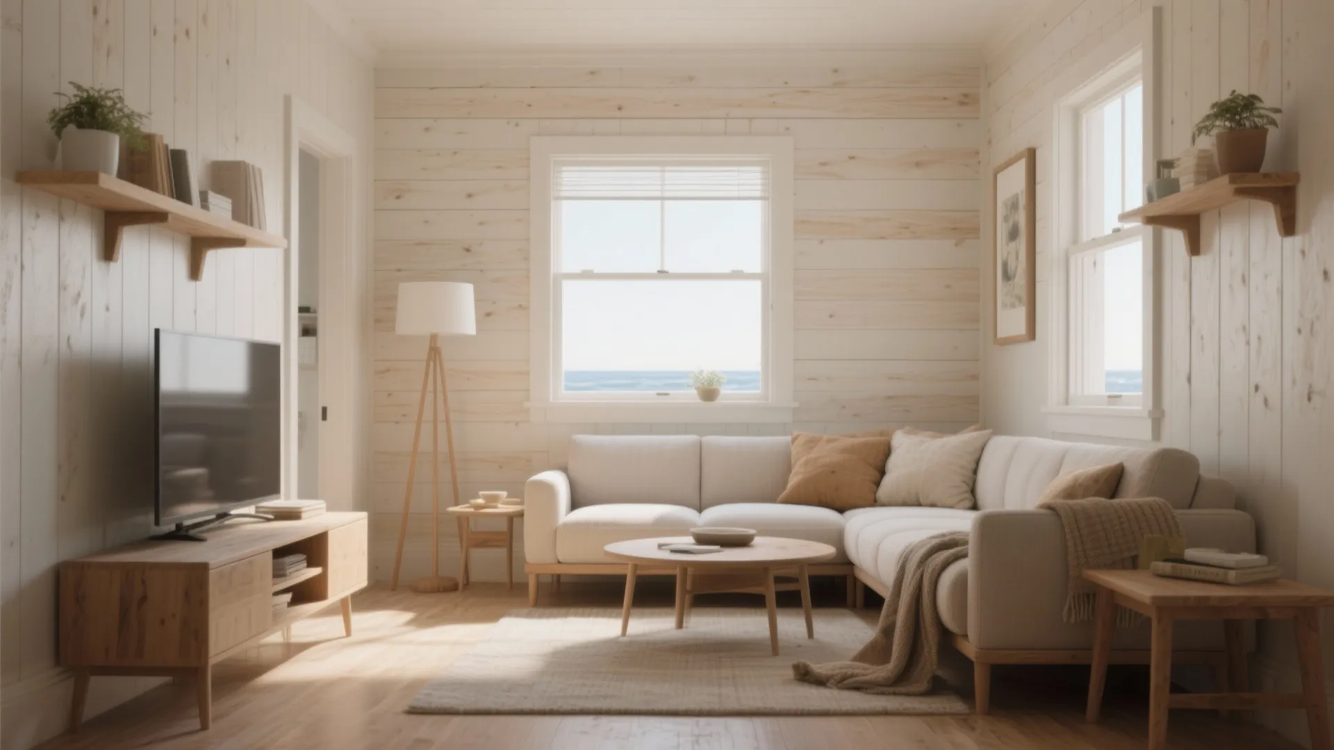 Bright living room with wood wall panels white sofa floor lamp coffee table and television