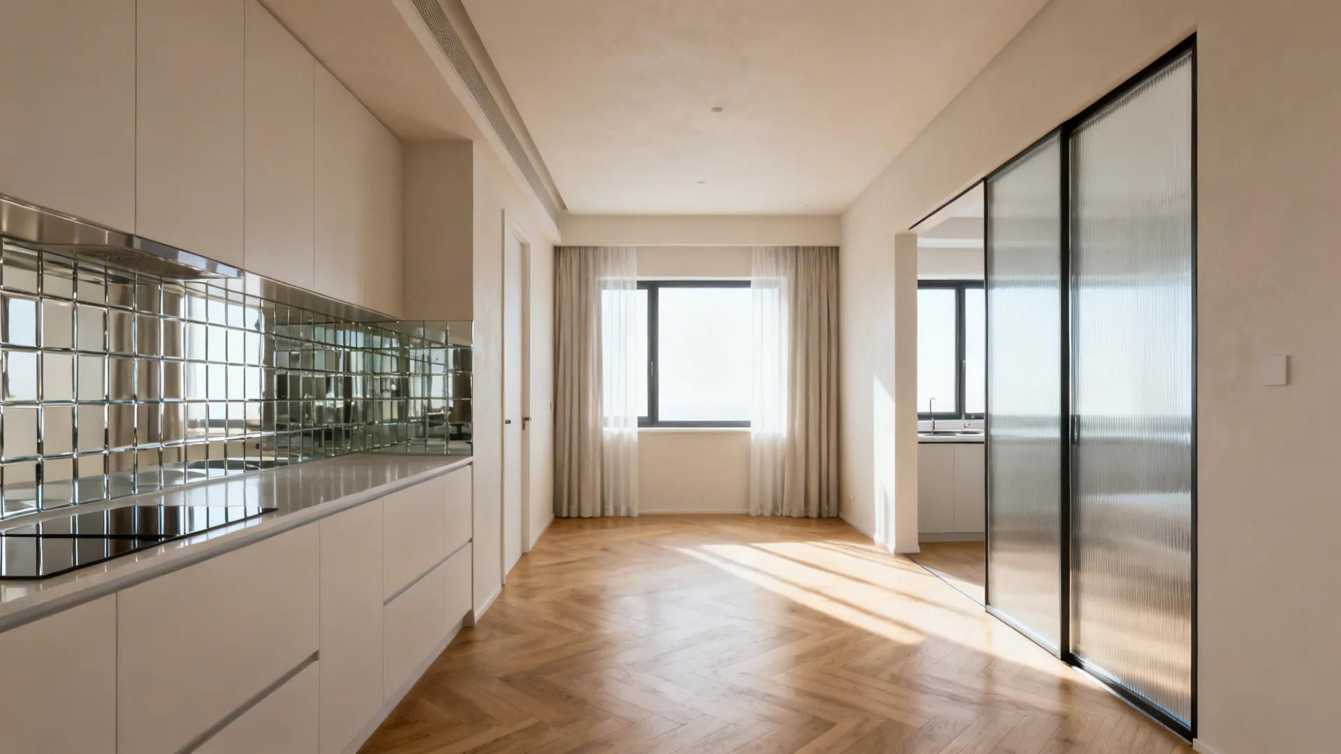 Modern kitchen with white cabinets mirrored backsplash wood floor and glass sliding door near windows