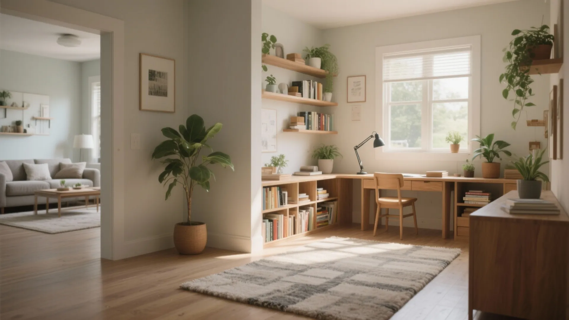 Bright home office with wooden desk, chair, bookshelves, green plants, window, and a living room