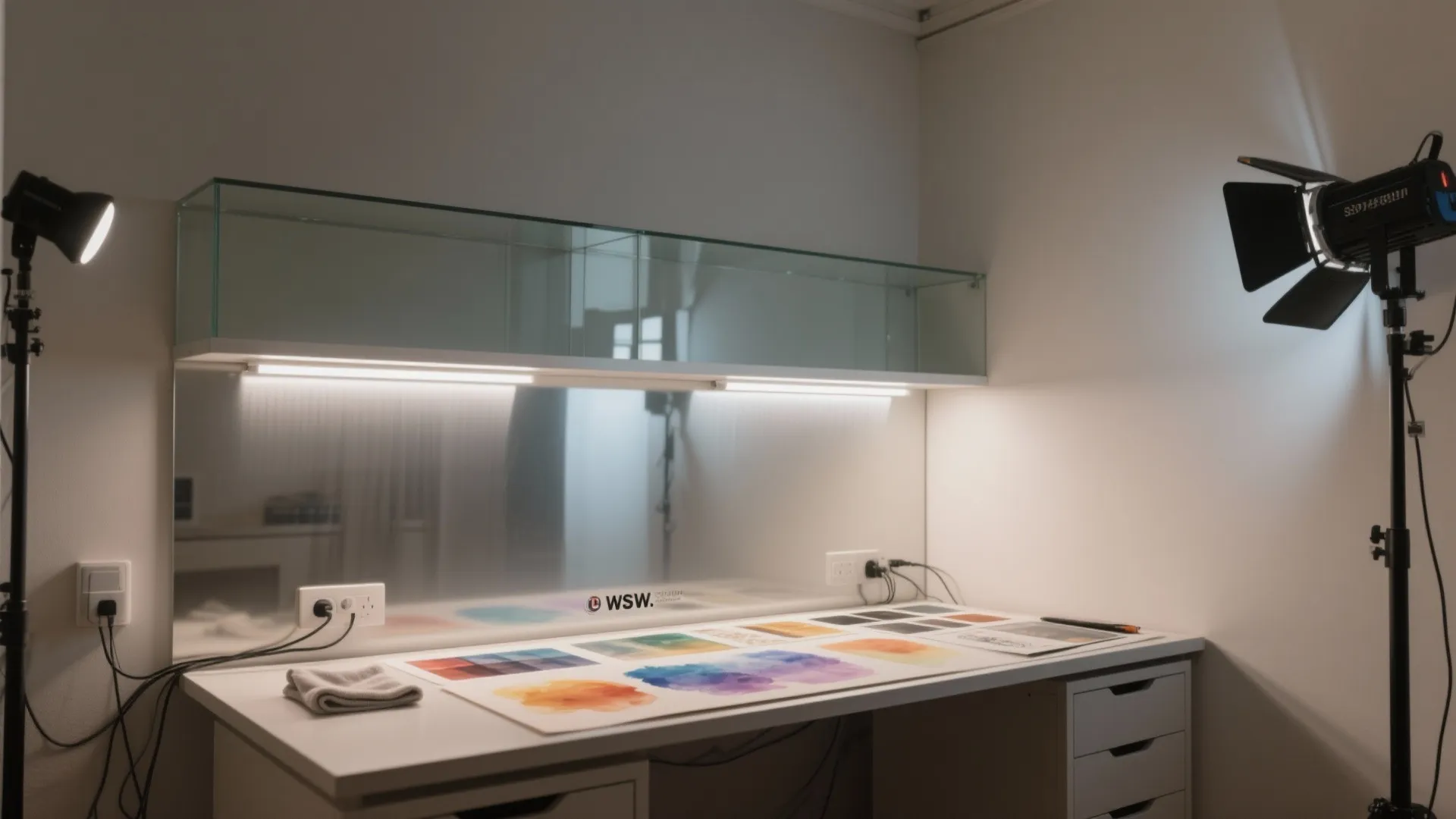 Well lit craft desk with light fixtures color samples glass shelf and white storage cabinets