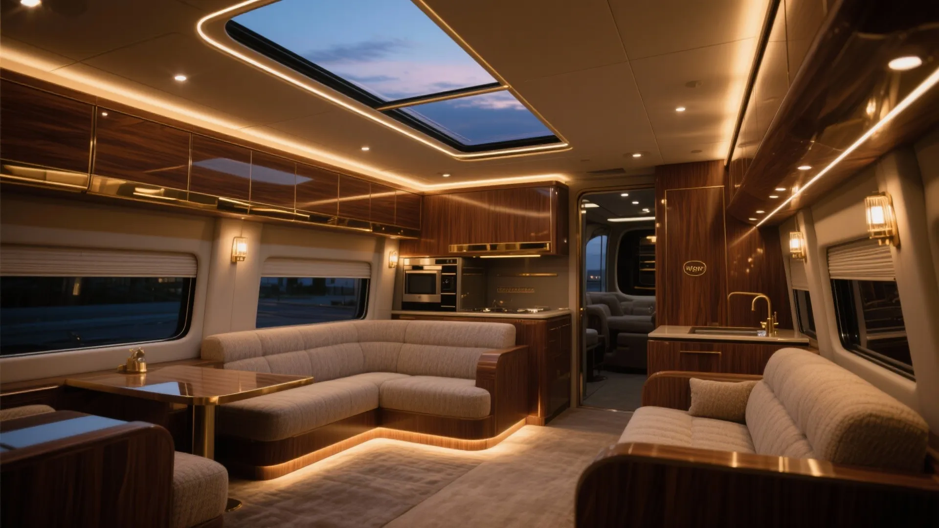 Luxury bus interior at night featuring roof window LED lighting wood cabinets and beige sofa