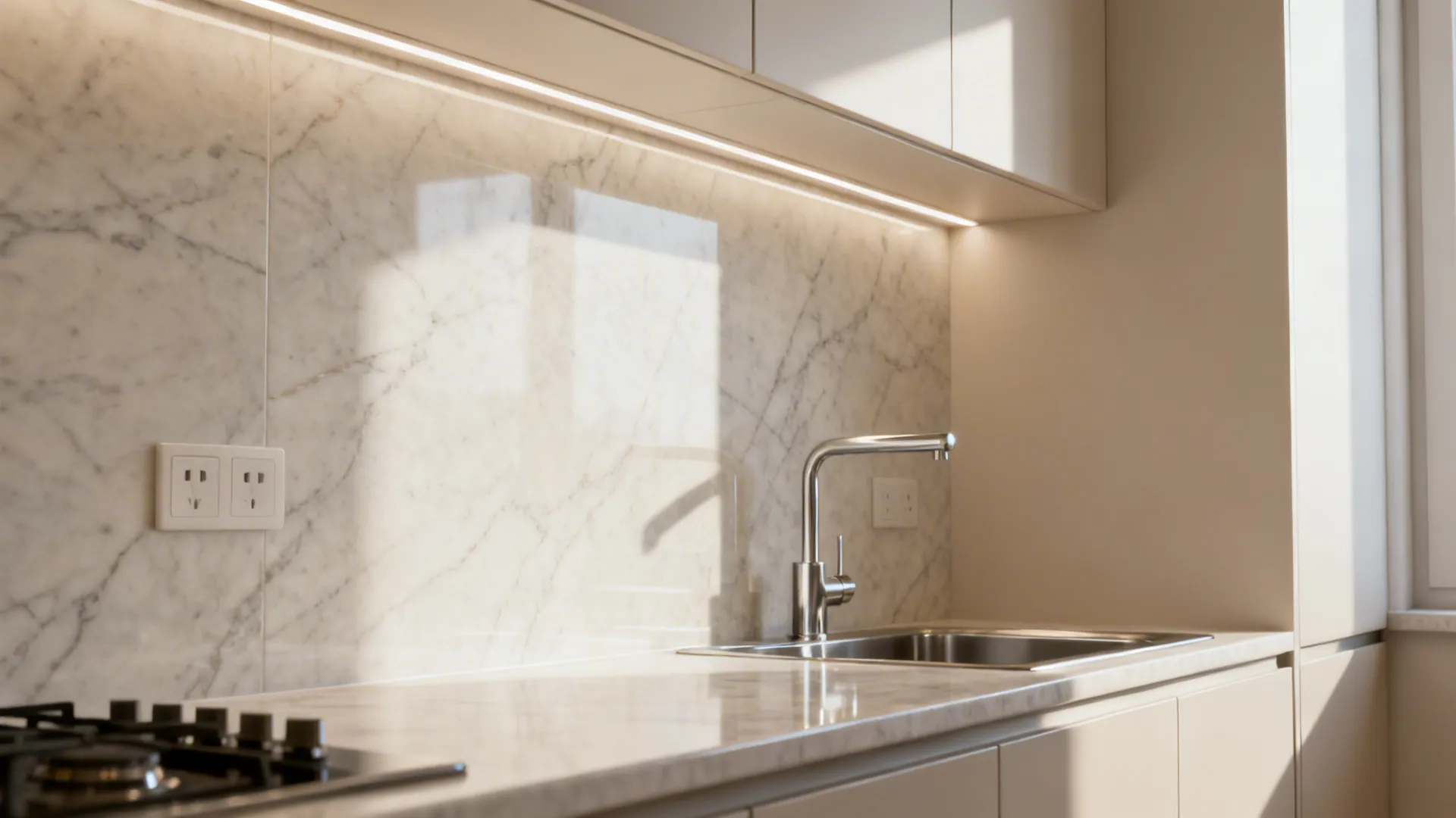 Small kitchen with full-height pale porcelain slab backsplash that brightens the room.