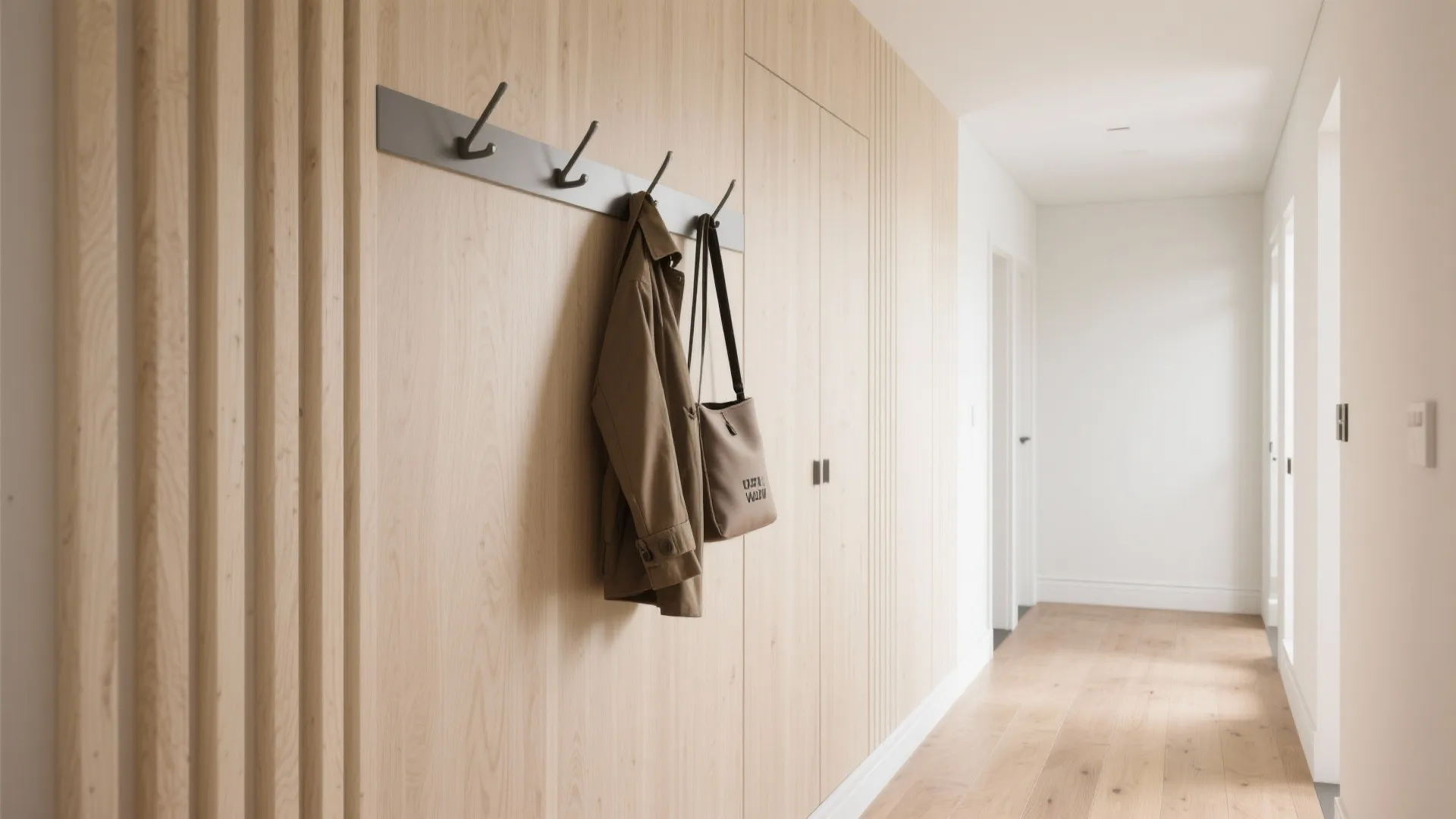 Light-toned wall panels with hidden hooks