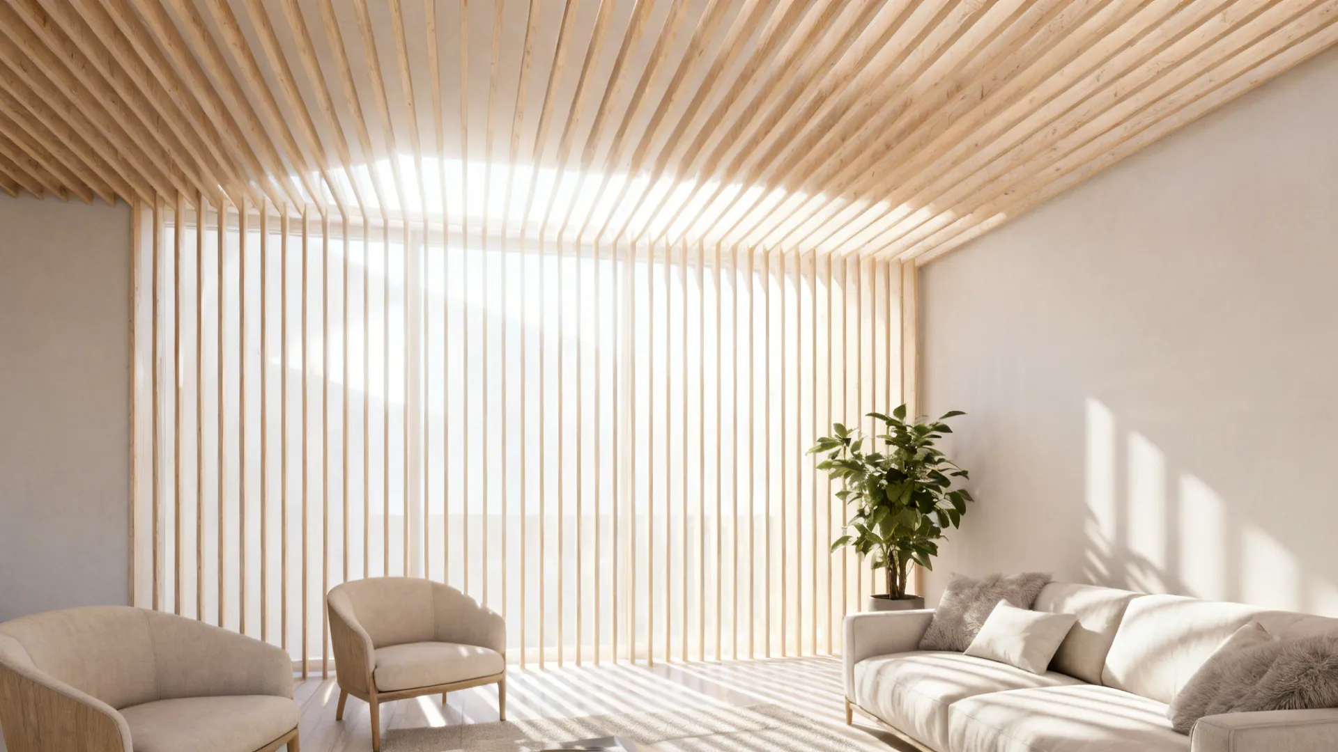Bright living room with narrow light-stained wooden slats on the ceiling in Scandinavian style.