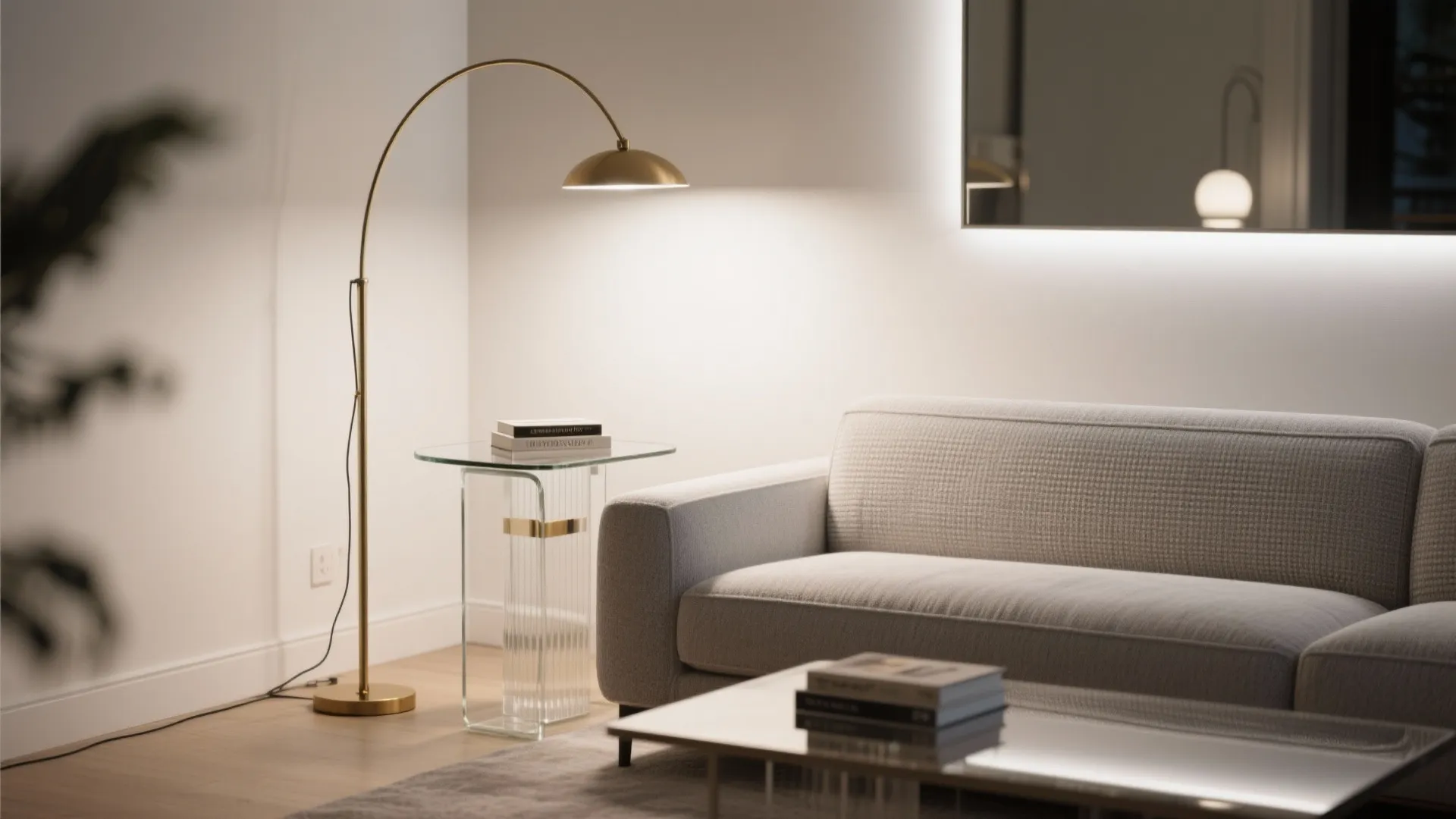 Modern living room featuring a gold curved floor lamp lighting a grey sofa and table