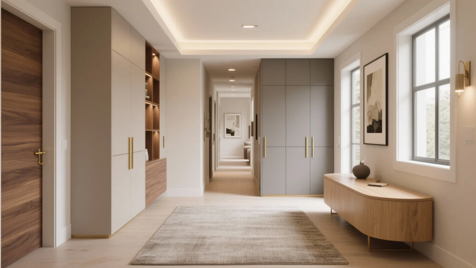 Modern home hallway with grey cabinets, wooden door, soft ceiling lights, rug, and bright windows