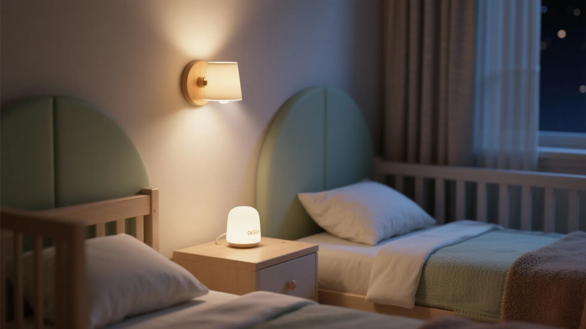 Night bedroom interior with two green beds wall light and small glowing lamp on wooden table
