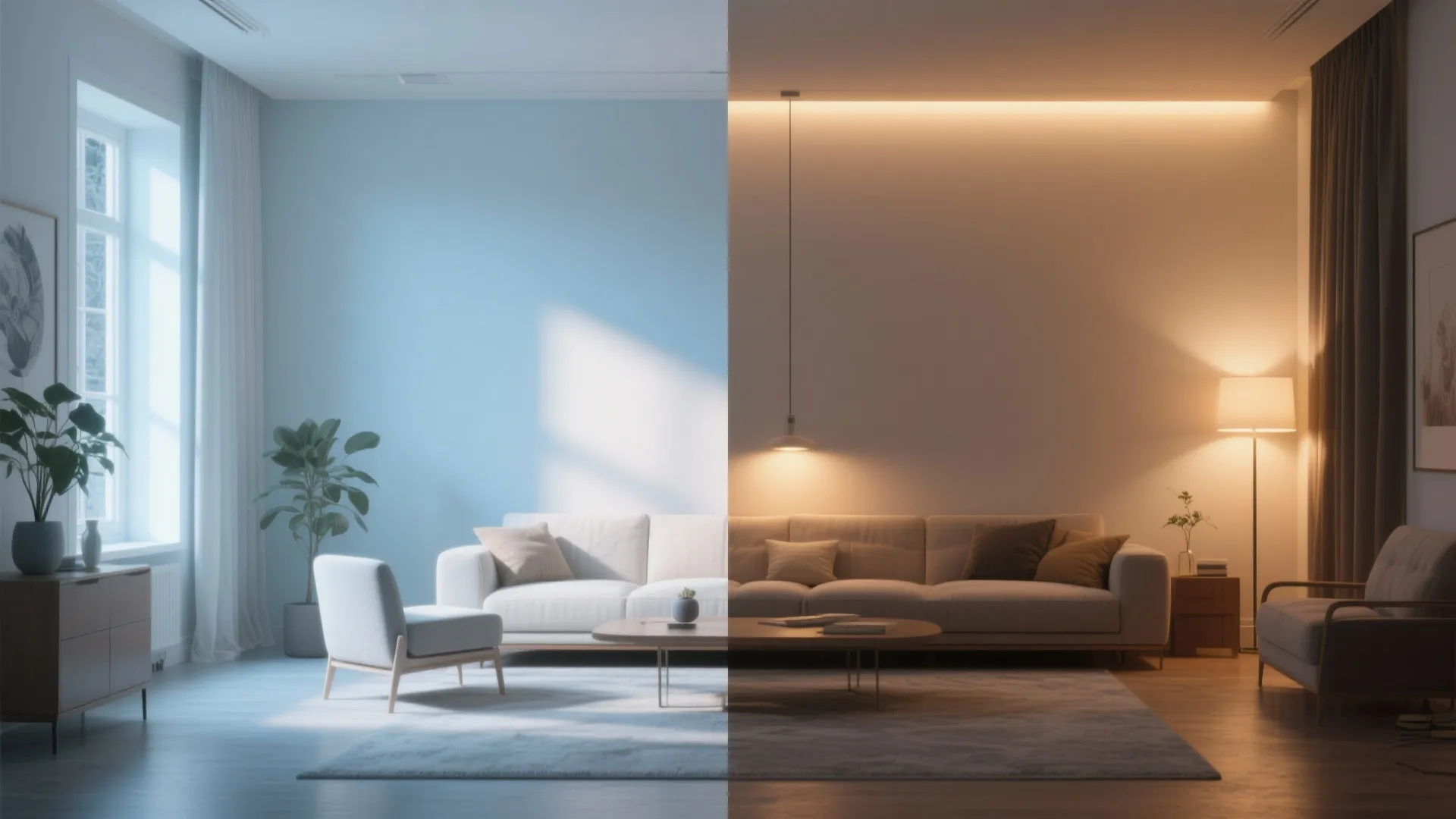 Living room split view showing natural cool daylight versus warm indoor light on modern furniture
