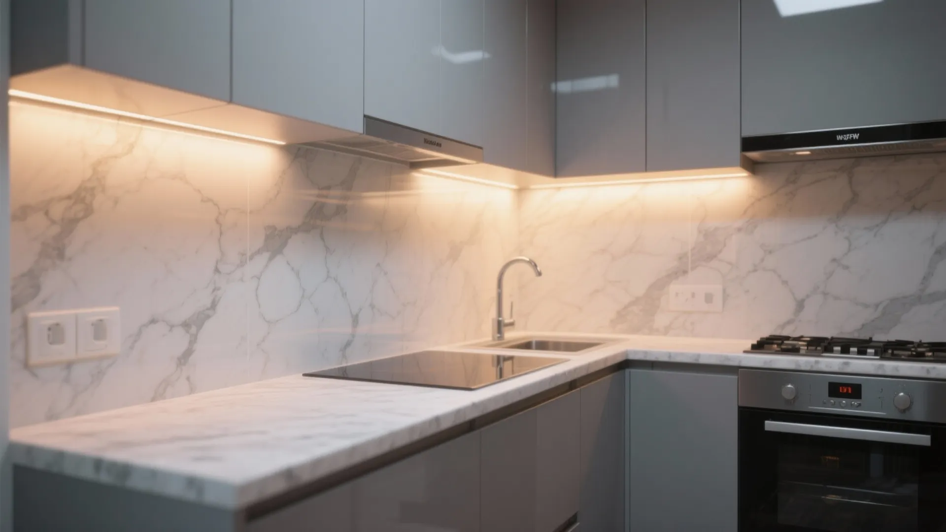 Modern kitchen with grey cabinets white marble backsplash and warm LED light strip under wall cabinets