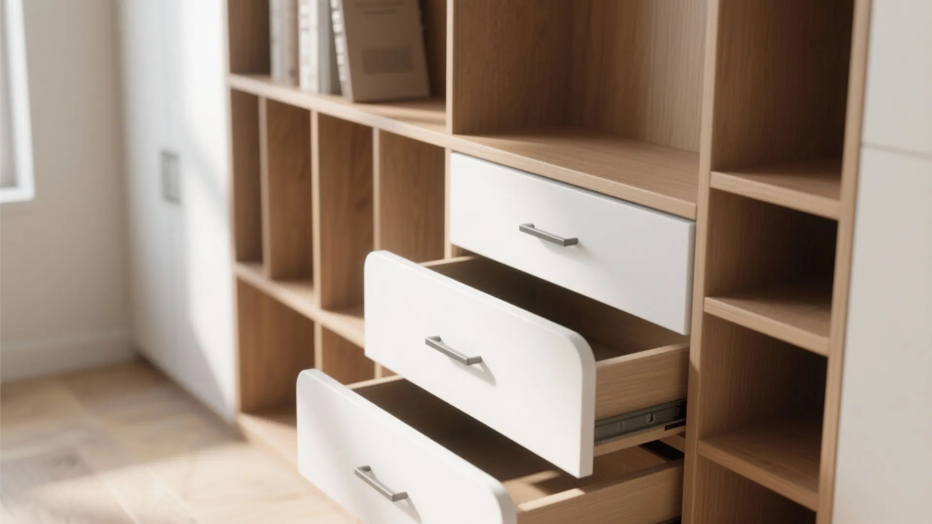 Shallow curved drawers and open cubbies under a bay bench designed to appear light and unobtrusive.