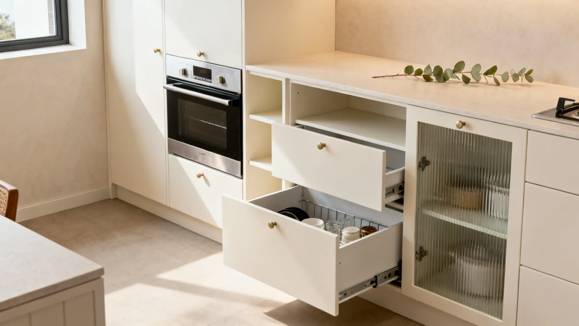 Small kitchen with deep drawers, slim tall pantry, and fluted glass to avoid bulkiness.