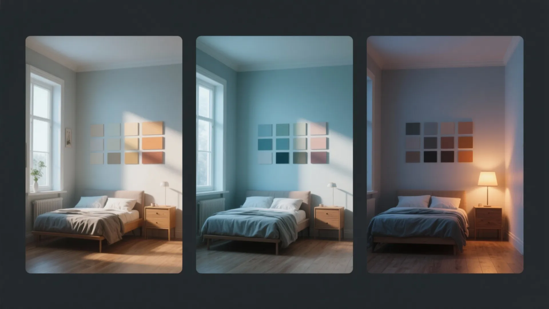Three-panel view of the same room under morning, afternoon, and evening light showing how paint swatches change.