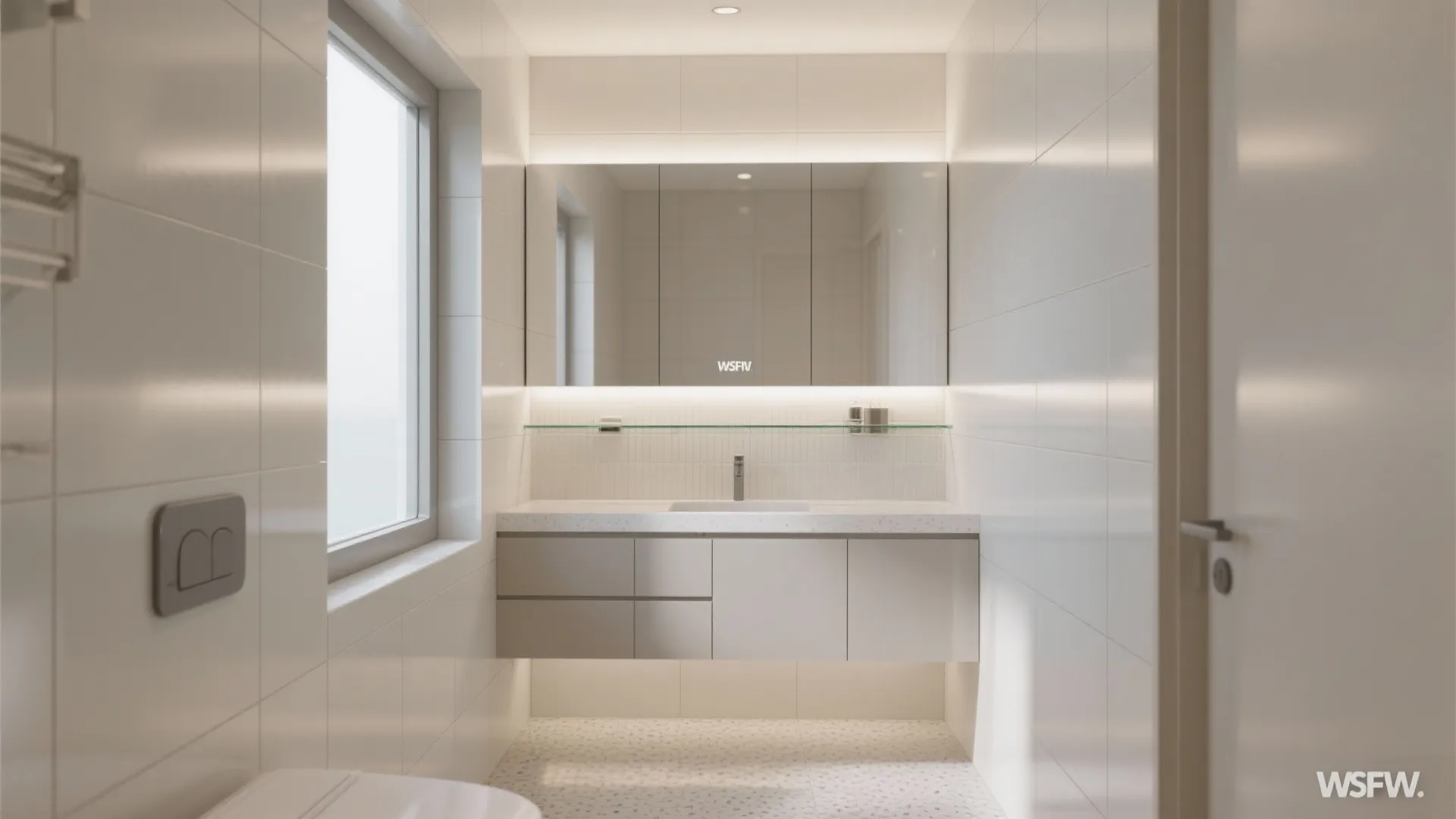 Bright bathroom featuring a floating white sink cabinet large backlit mirror glass shelf and window