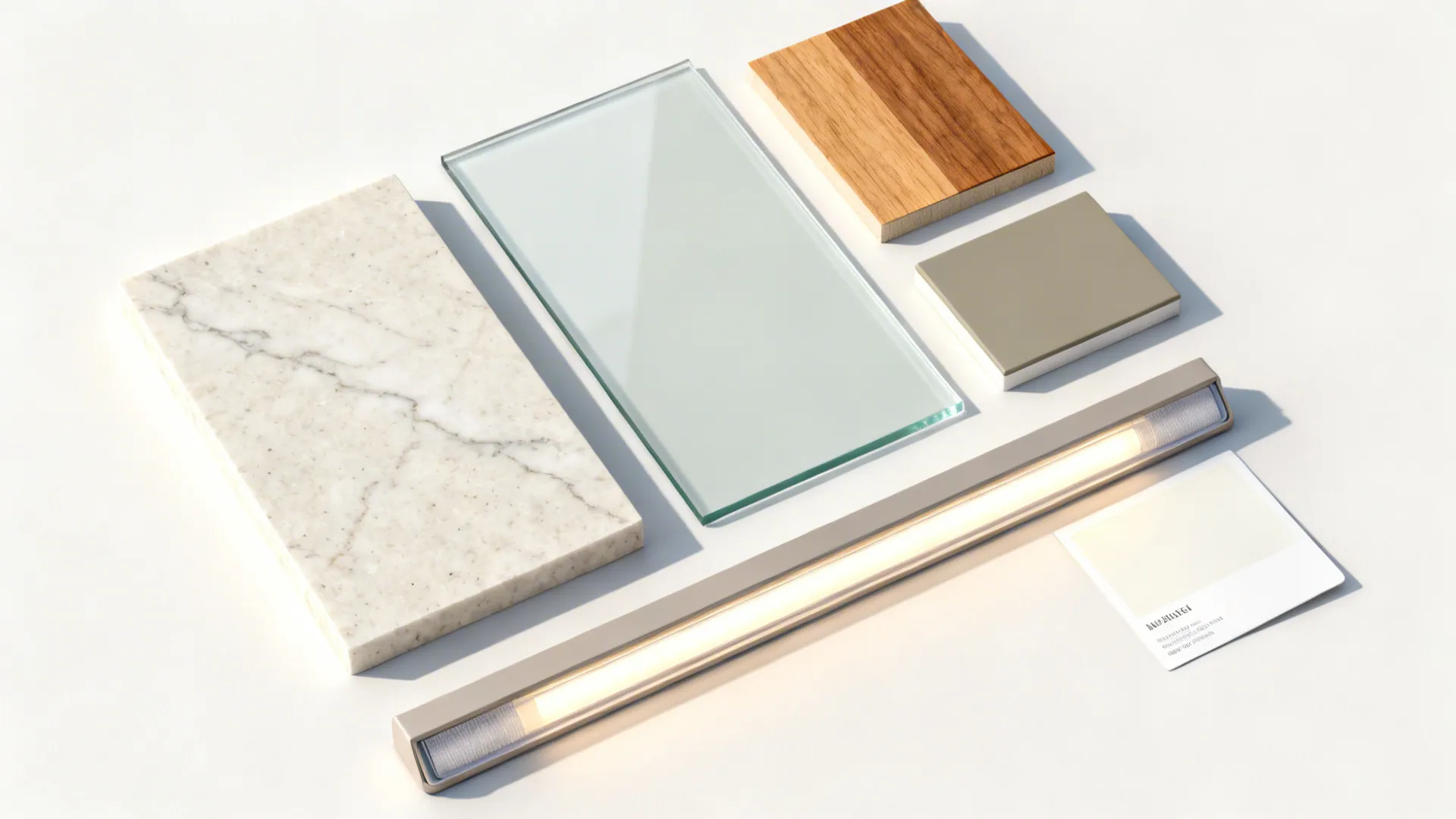 Flatlay of pale quartz, satin glass backsplash, warm wood, and LED strip showing a bright kitchen palette.