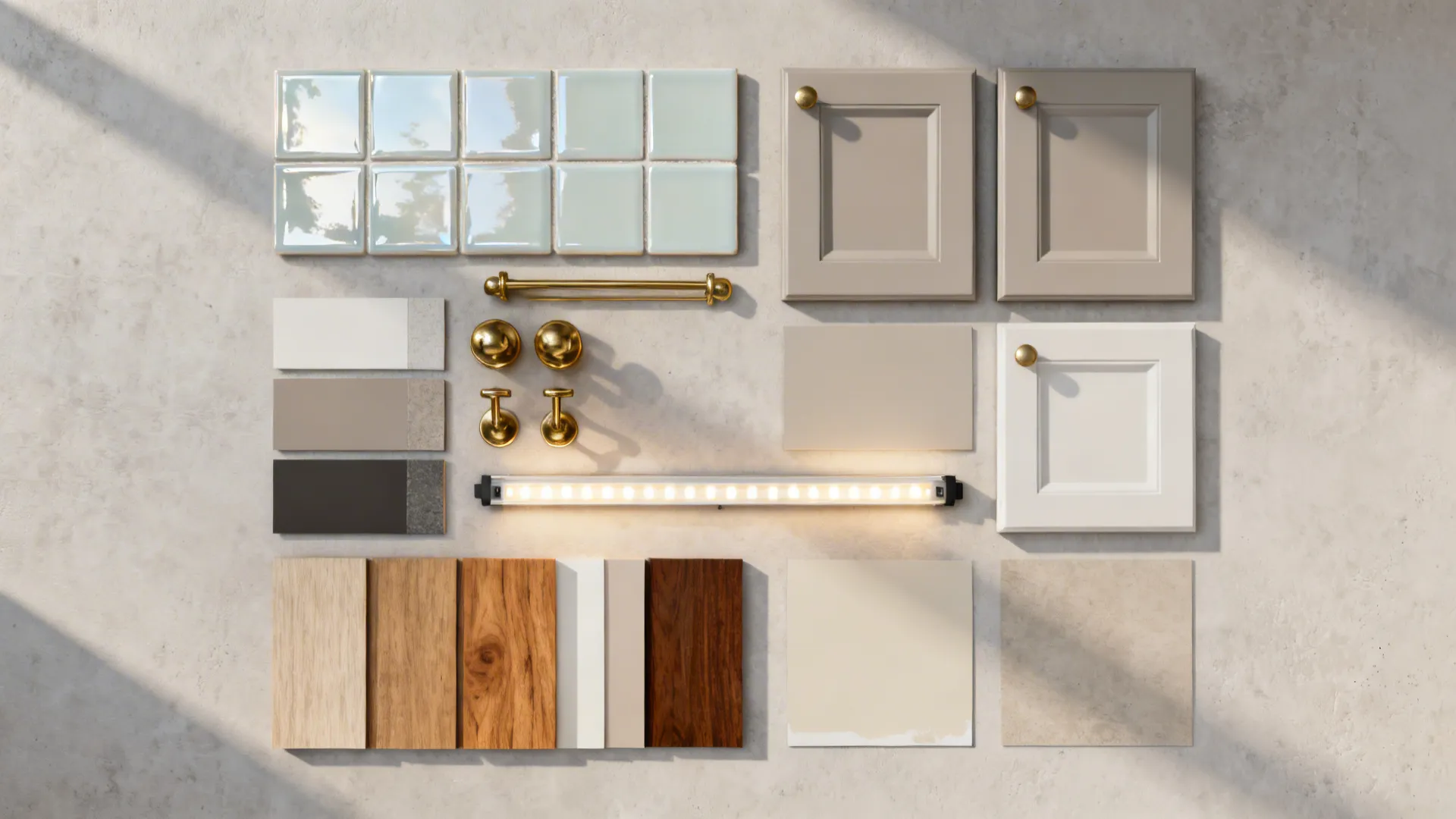 Material samples of glossy backsplashes, matte cabinets and LED lighting for a brighter small kitchen.