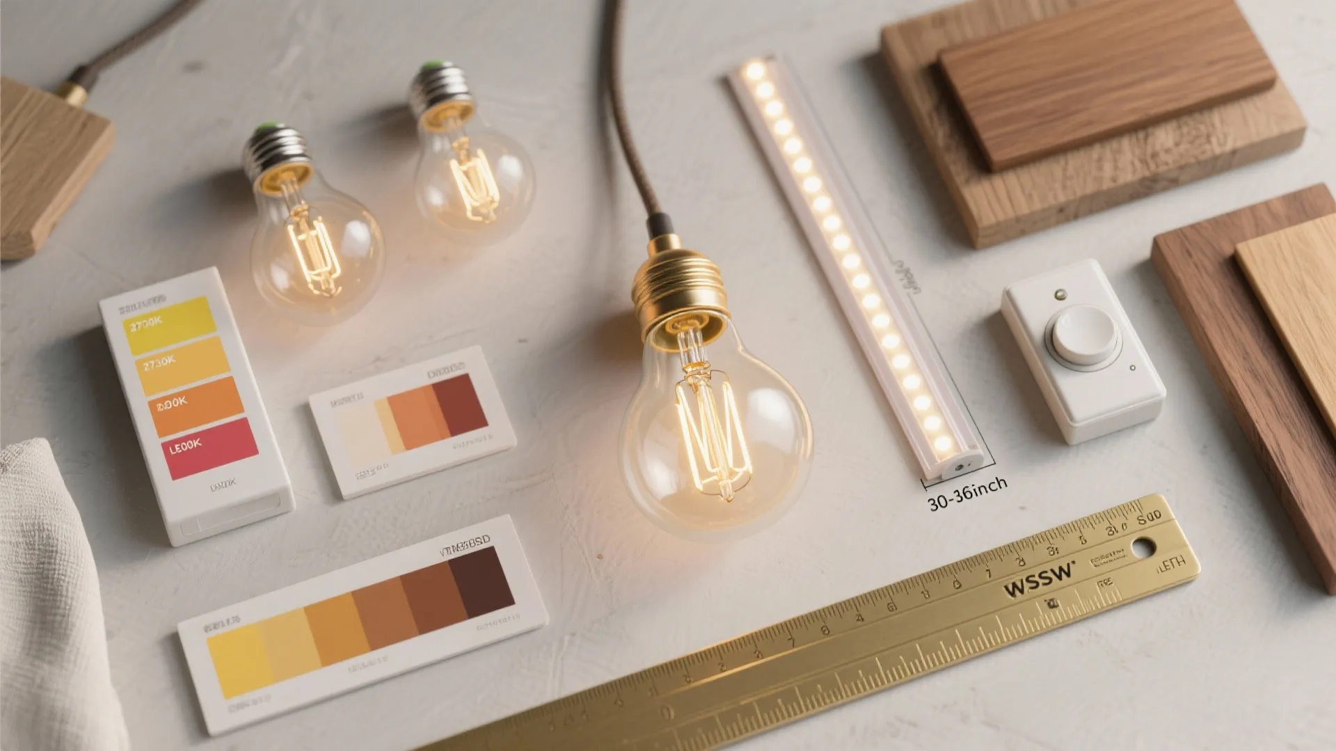 Light bulbs with color swatches wood samples and a gold ruler for home interior design