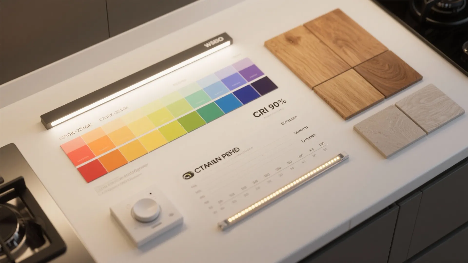 Interior design drawing showing kitchen lighting swatches with wood samples and a round light switch