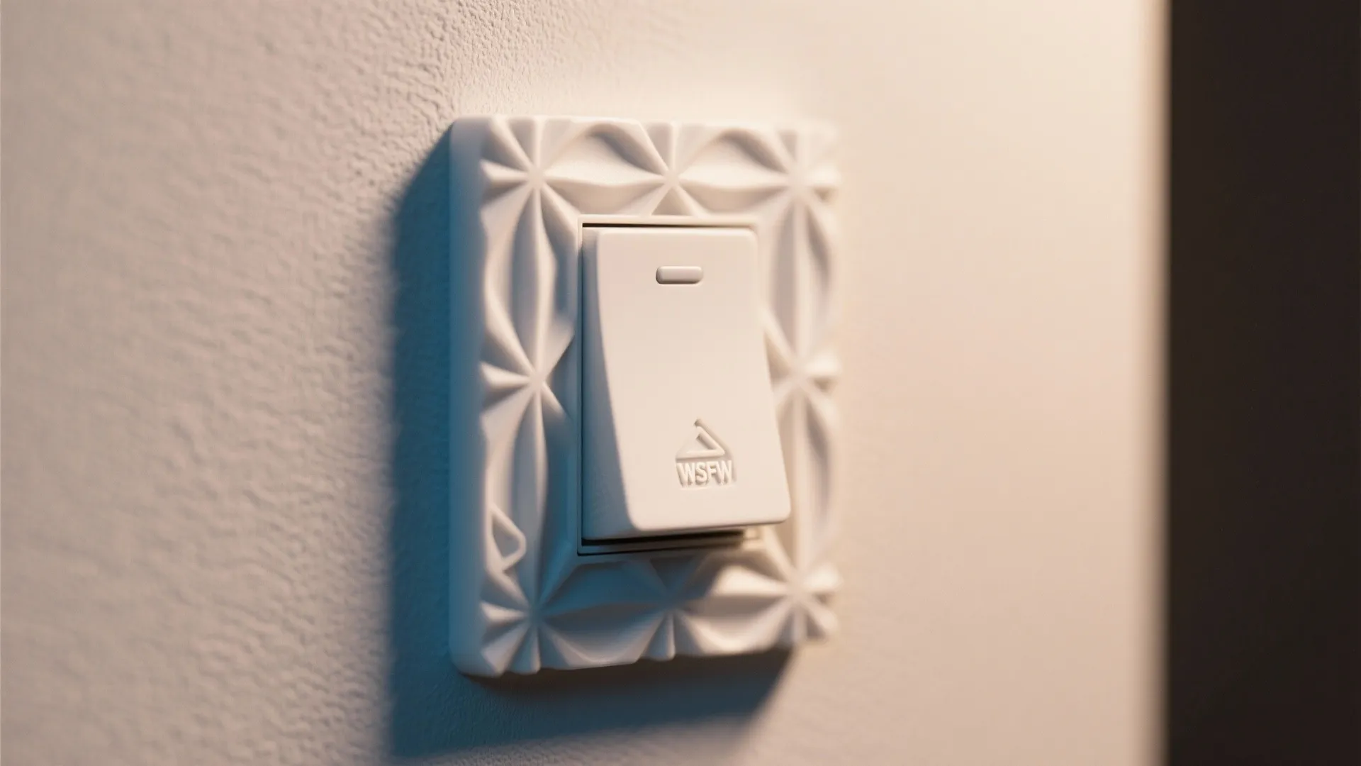 Close up view of a white light switch with decorative floral pattern plate on wall