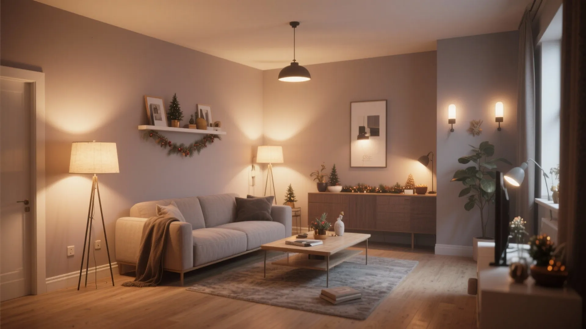 Living room with light taupe walls and layered lighting