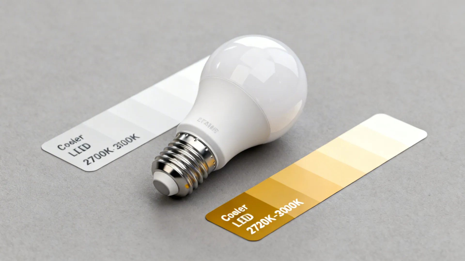 Comparison of warm and cool LED bulbs and color swatches illustrating different light temperatures.