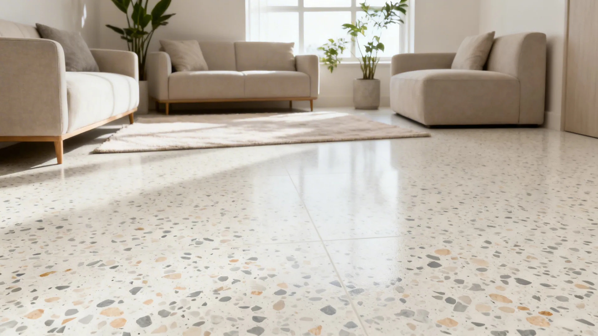 Small living room with pale terrazzo-look floor in ivory, gray, and beige chips.