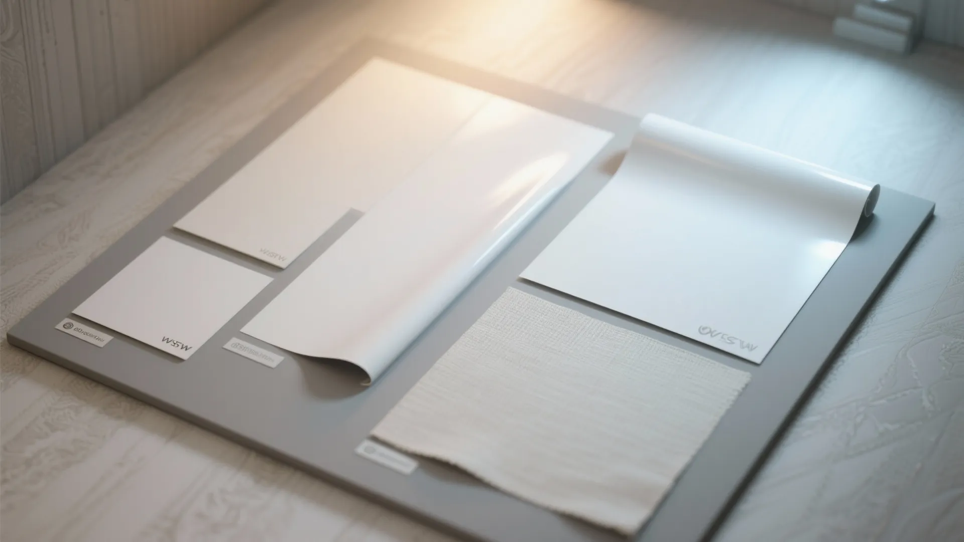 Top-down test of white wallpaper swatches under warm and cool LED lighting to compare undertones.