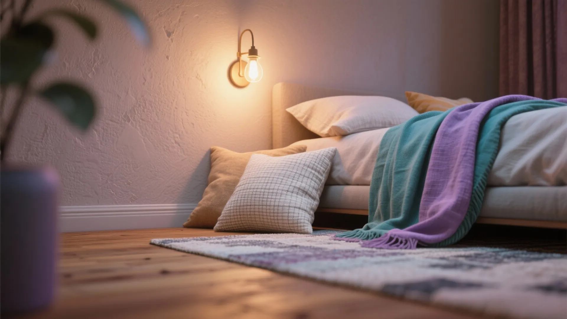 Close up of a bed with colorful blankets and pillows next to a wall light