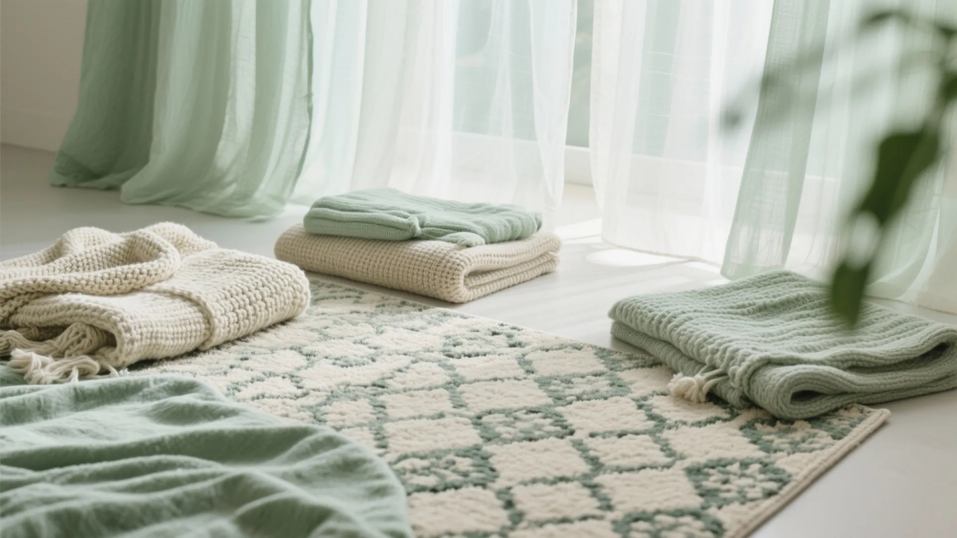 Soft green and white folded blankets on a patterned floor rug near bright window curtains